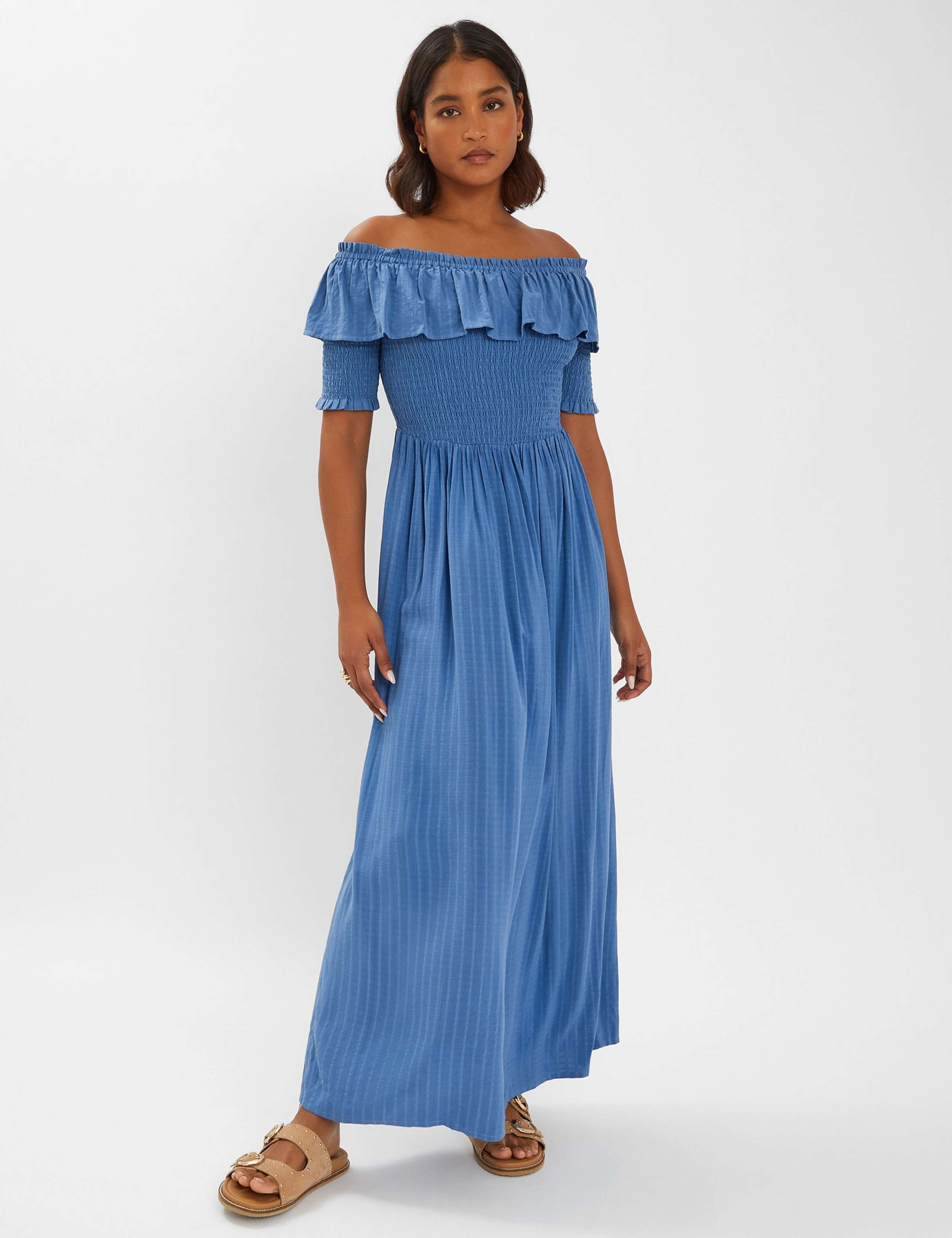Off The Shoulder Shirred Maxi Beach Dress