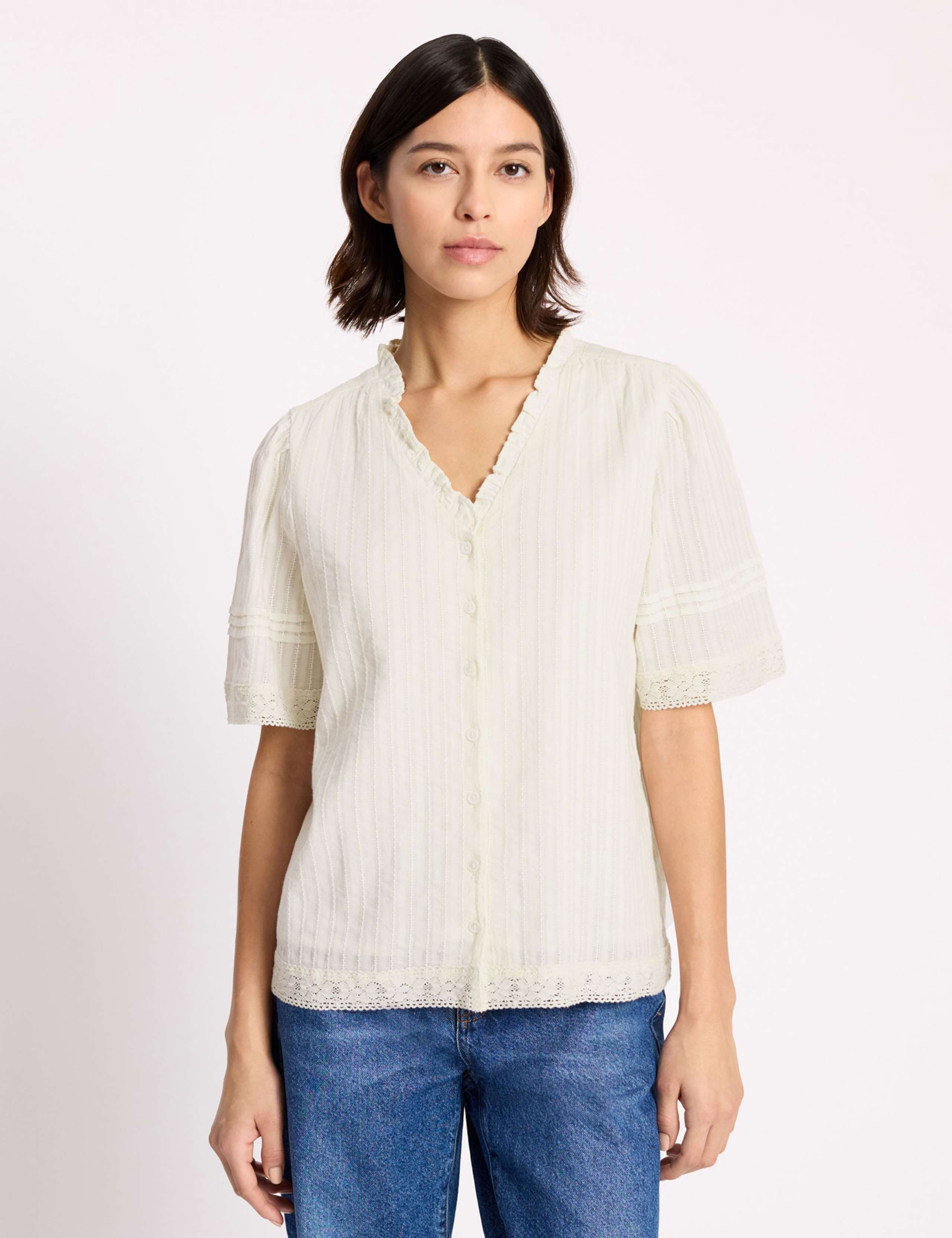 Pure Cotton Textured V-Neck Frill Detail Top