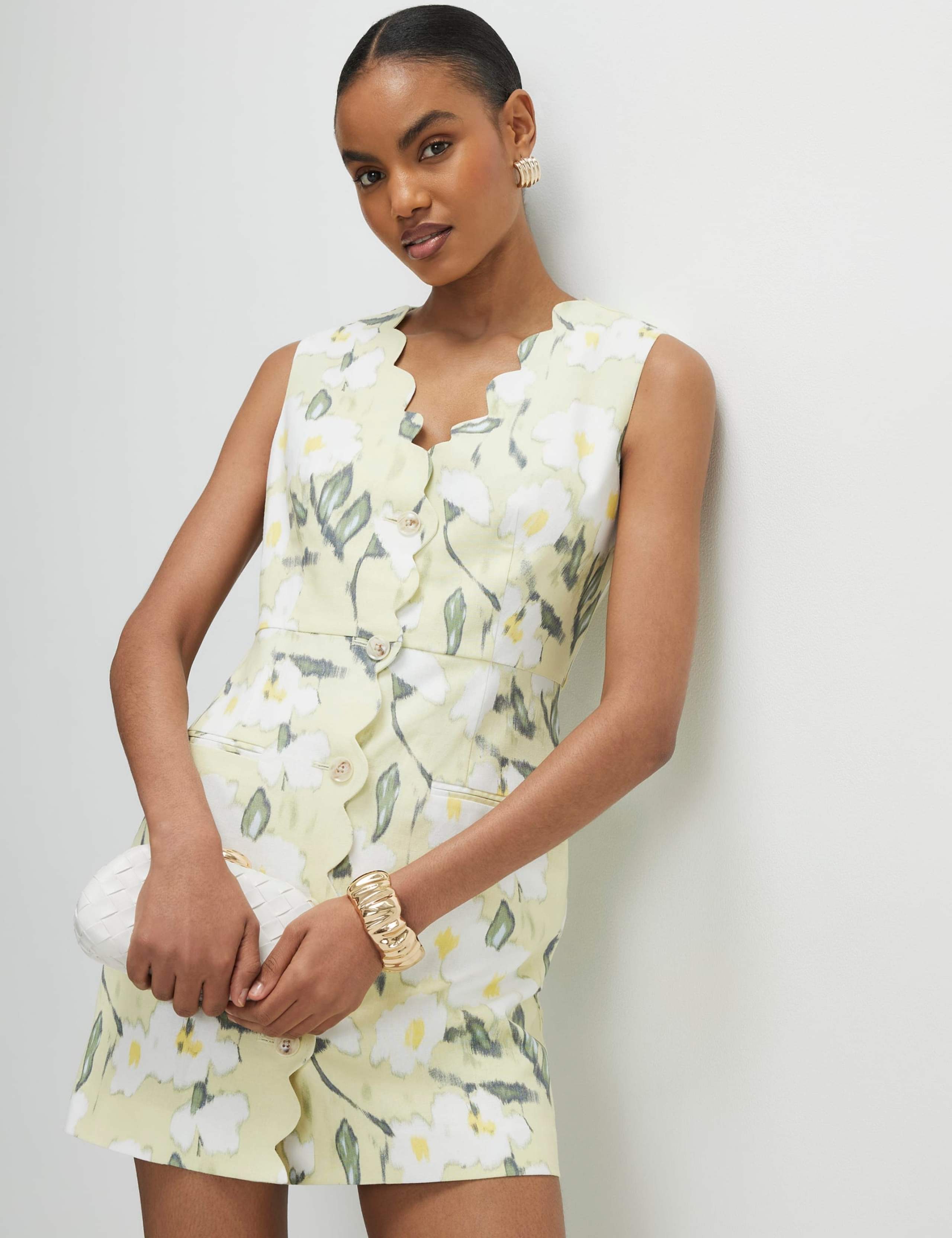 Linen Rich Floral Scalloped Mini Dress