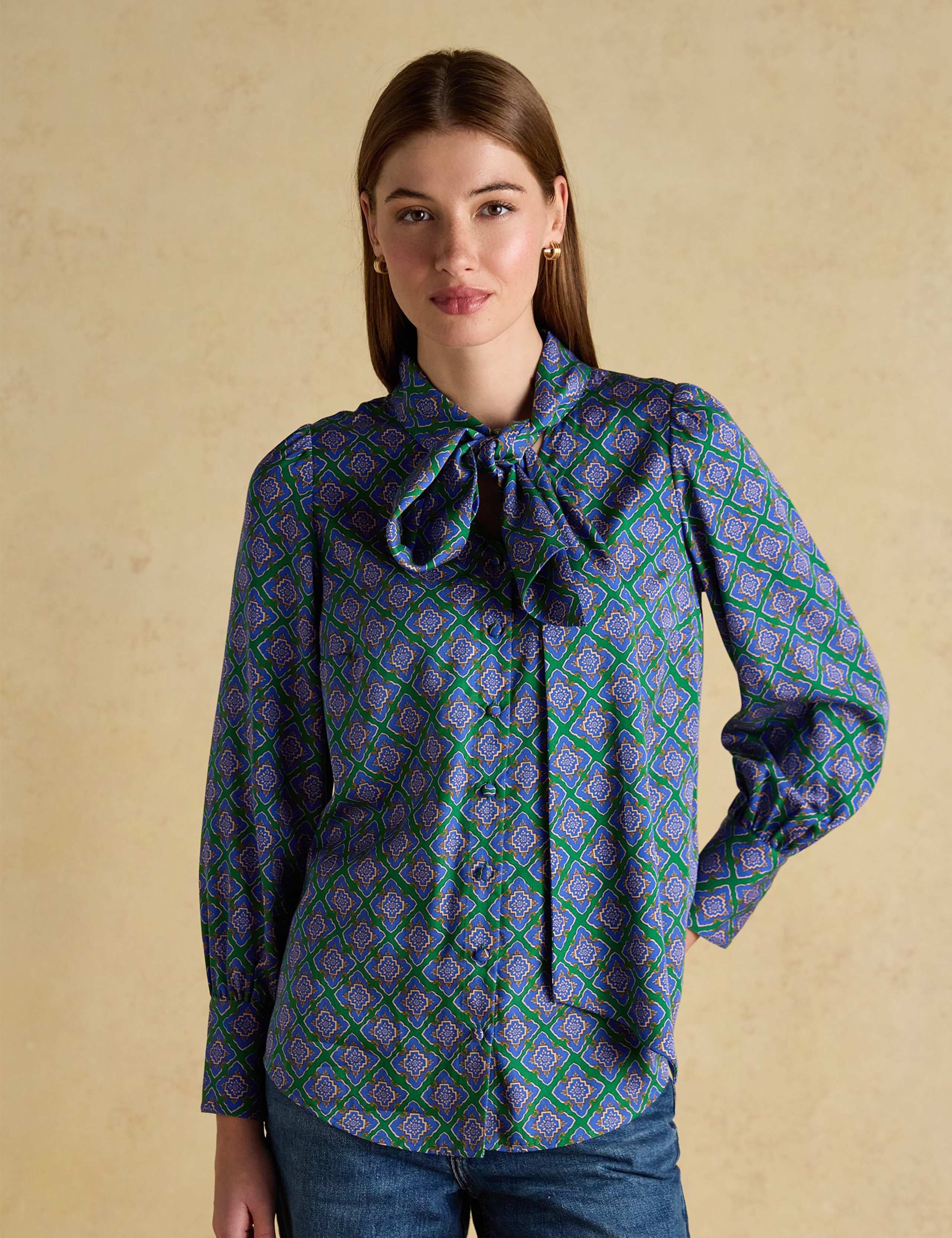 Geometric Tie Neck Blouse