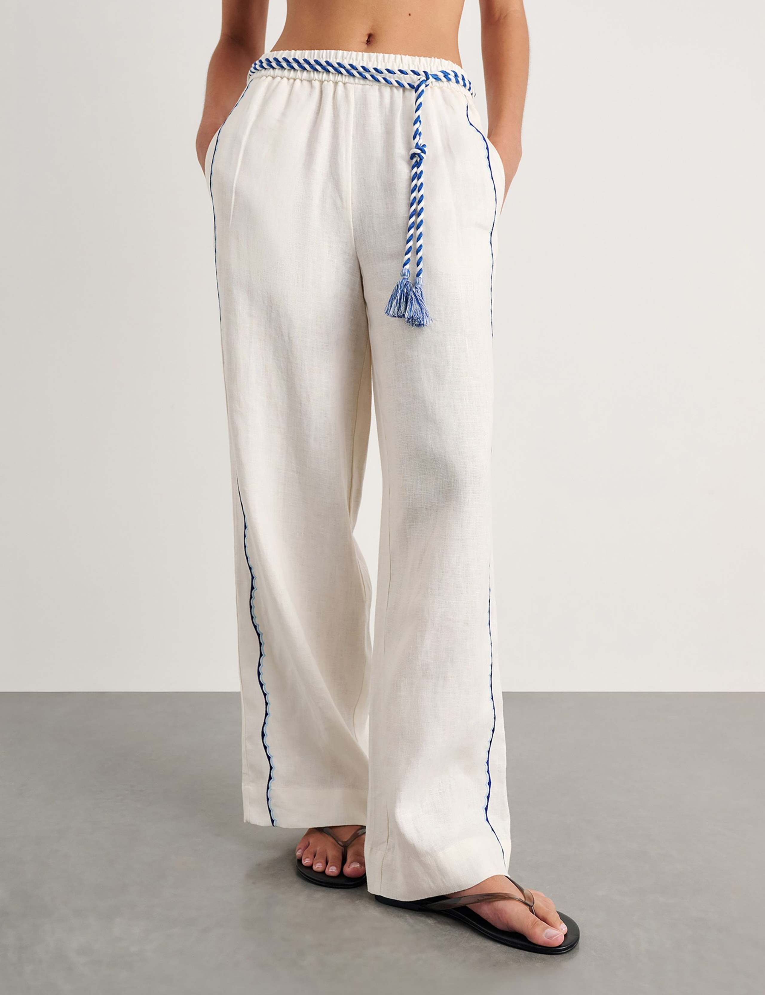 Pure Linen Embroidered Straight Leg Trousers