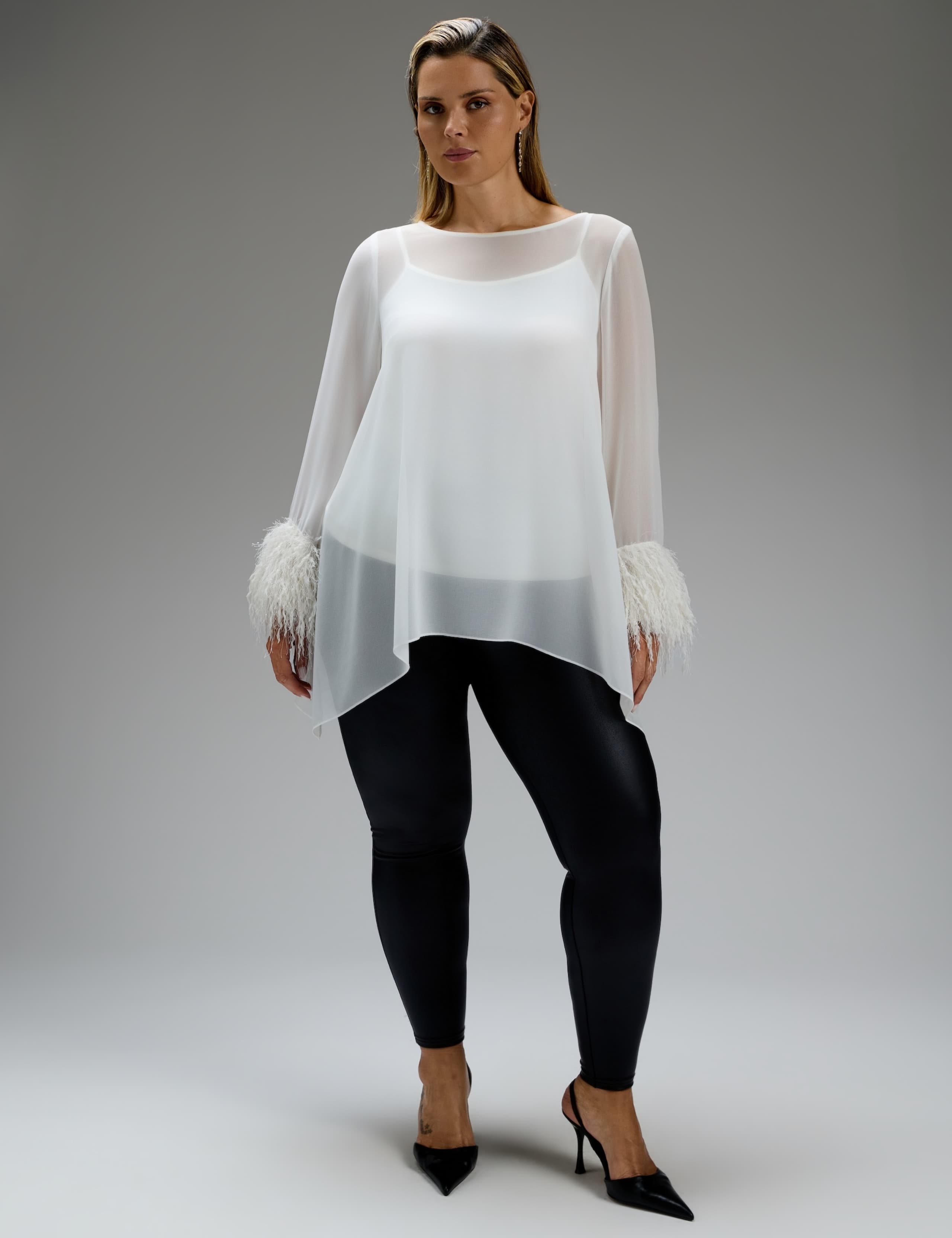 Fringe Cuff Overlay Hanky Hem Blouse