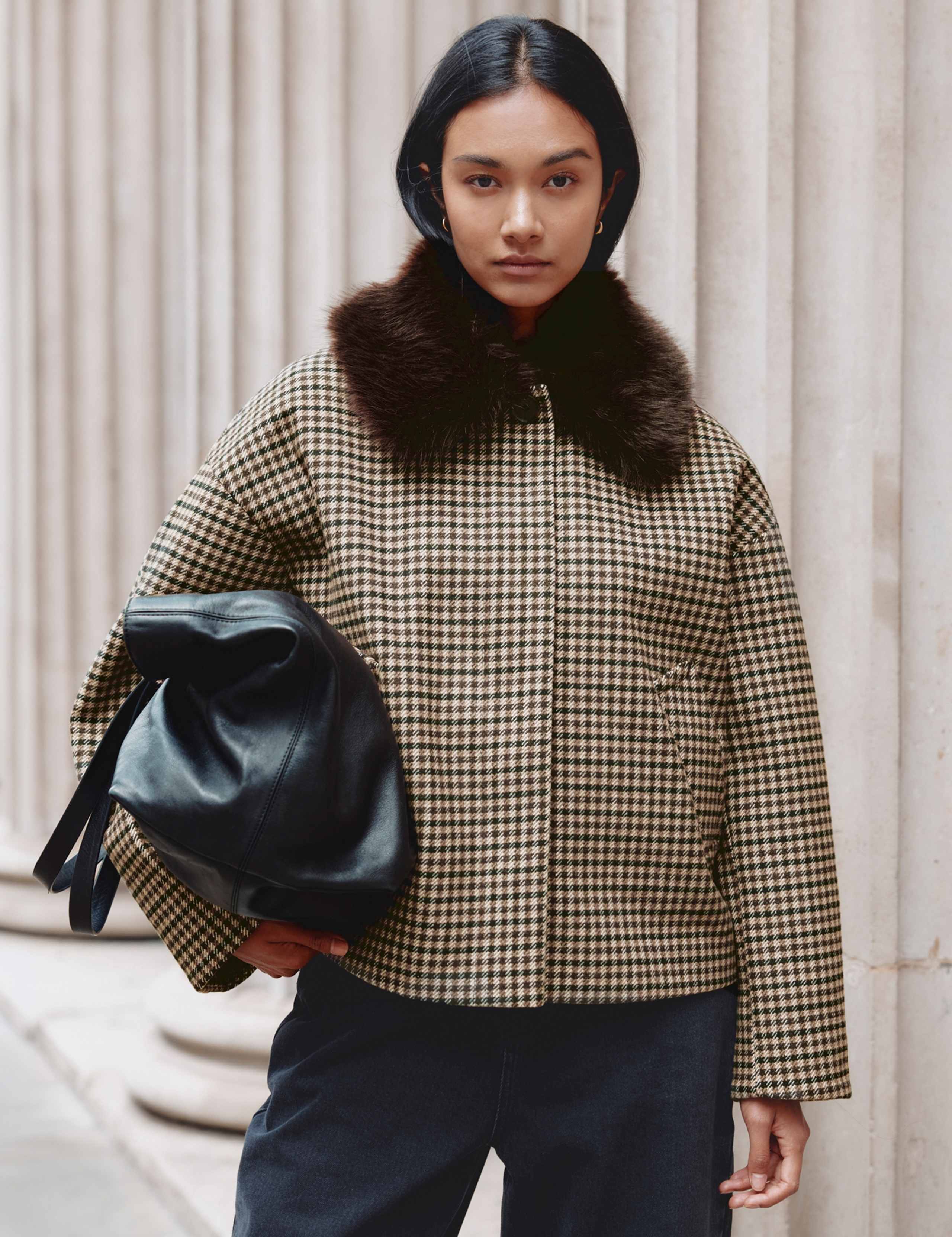 Wool Blend Checked Faux Fur Collar Jacket