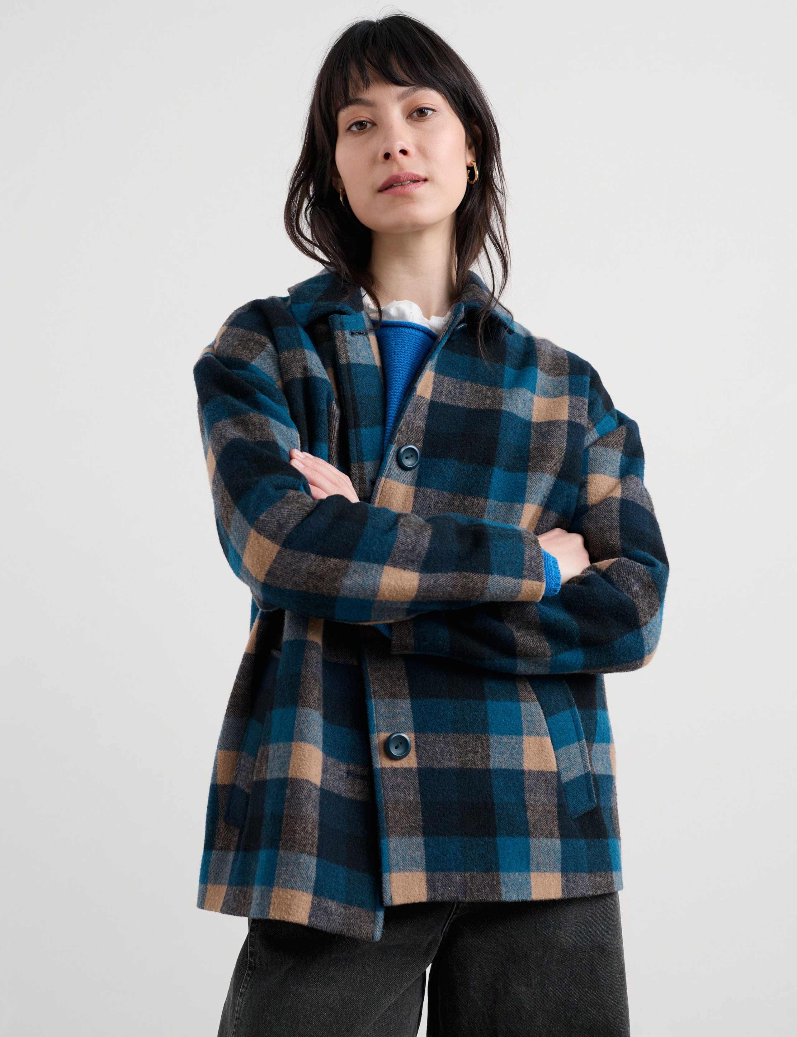 Wool Blend Checked Relaxed Collared Coat