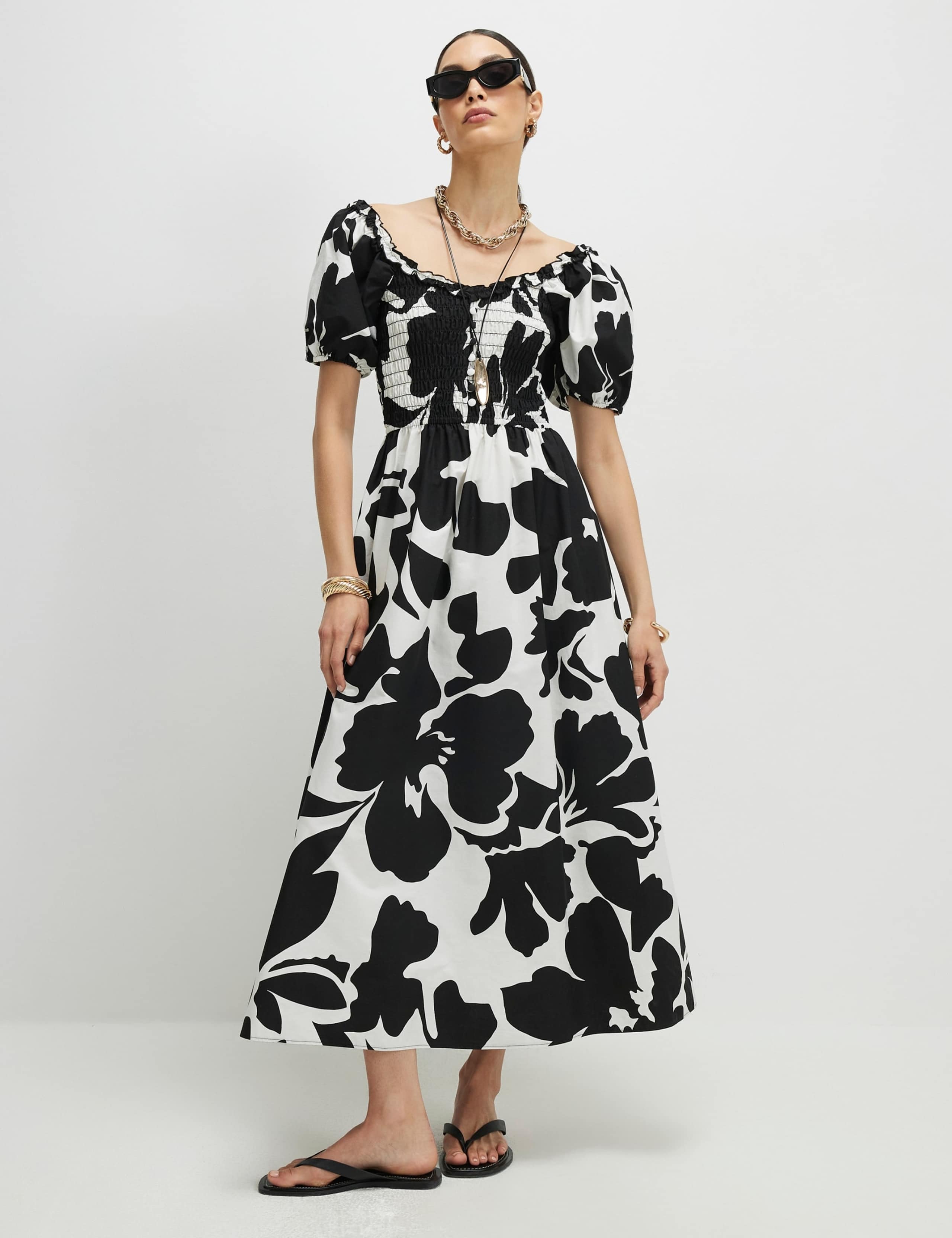 Pure Cotton Floral Midi Shirred Dress