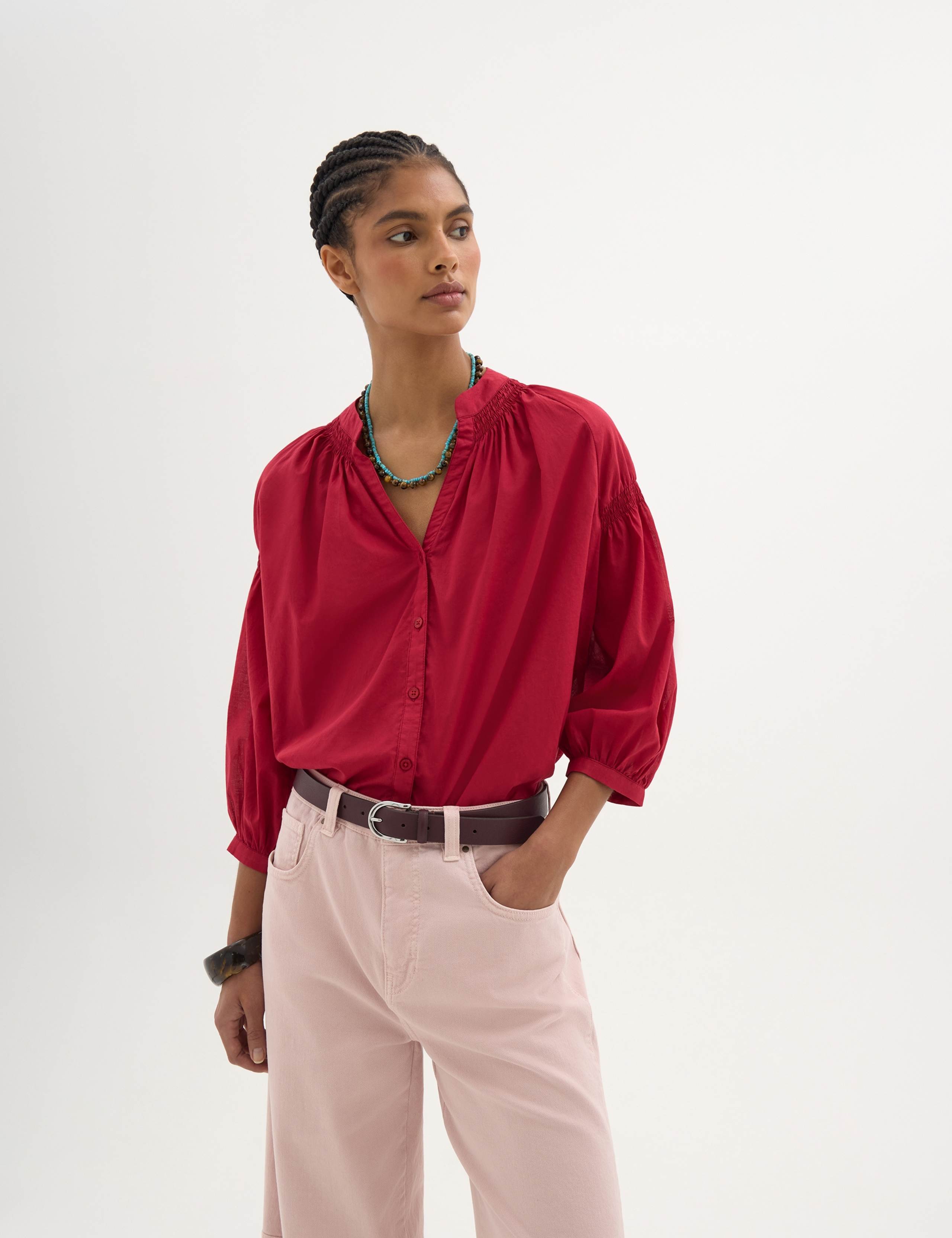 Pure Cotton V-Neck Gathered Sleeve Blouse