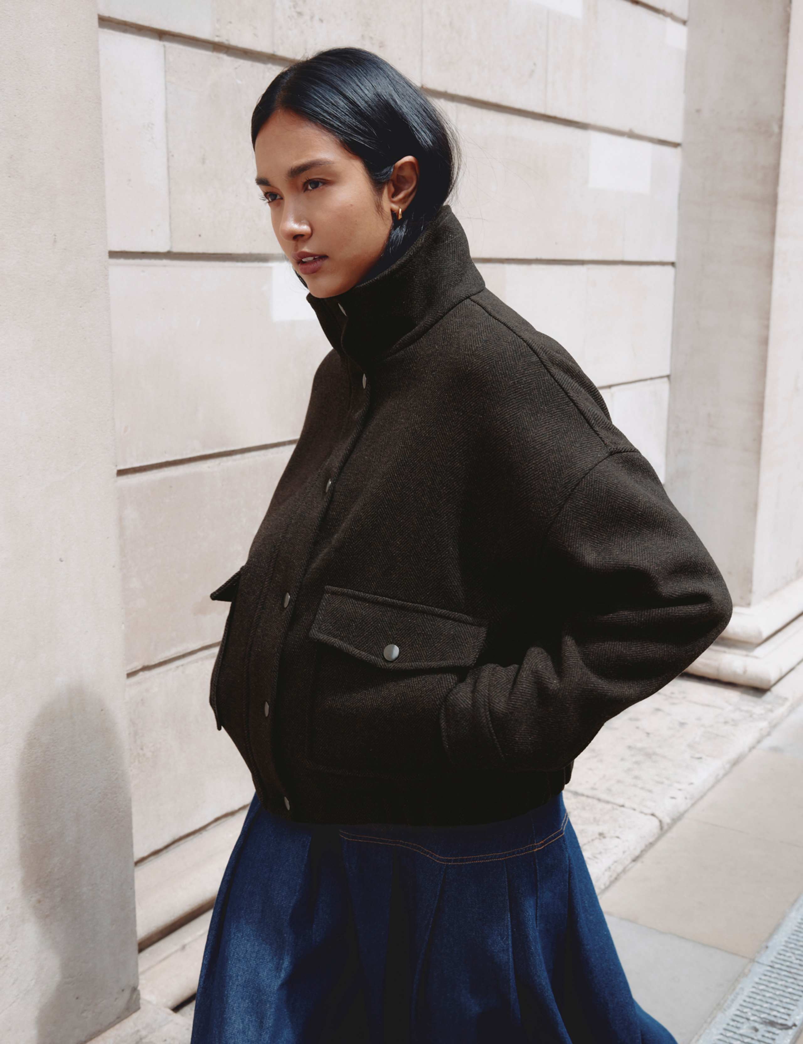 Wool Blend Funnel Neck Herringbone Jacket
