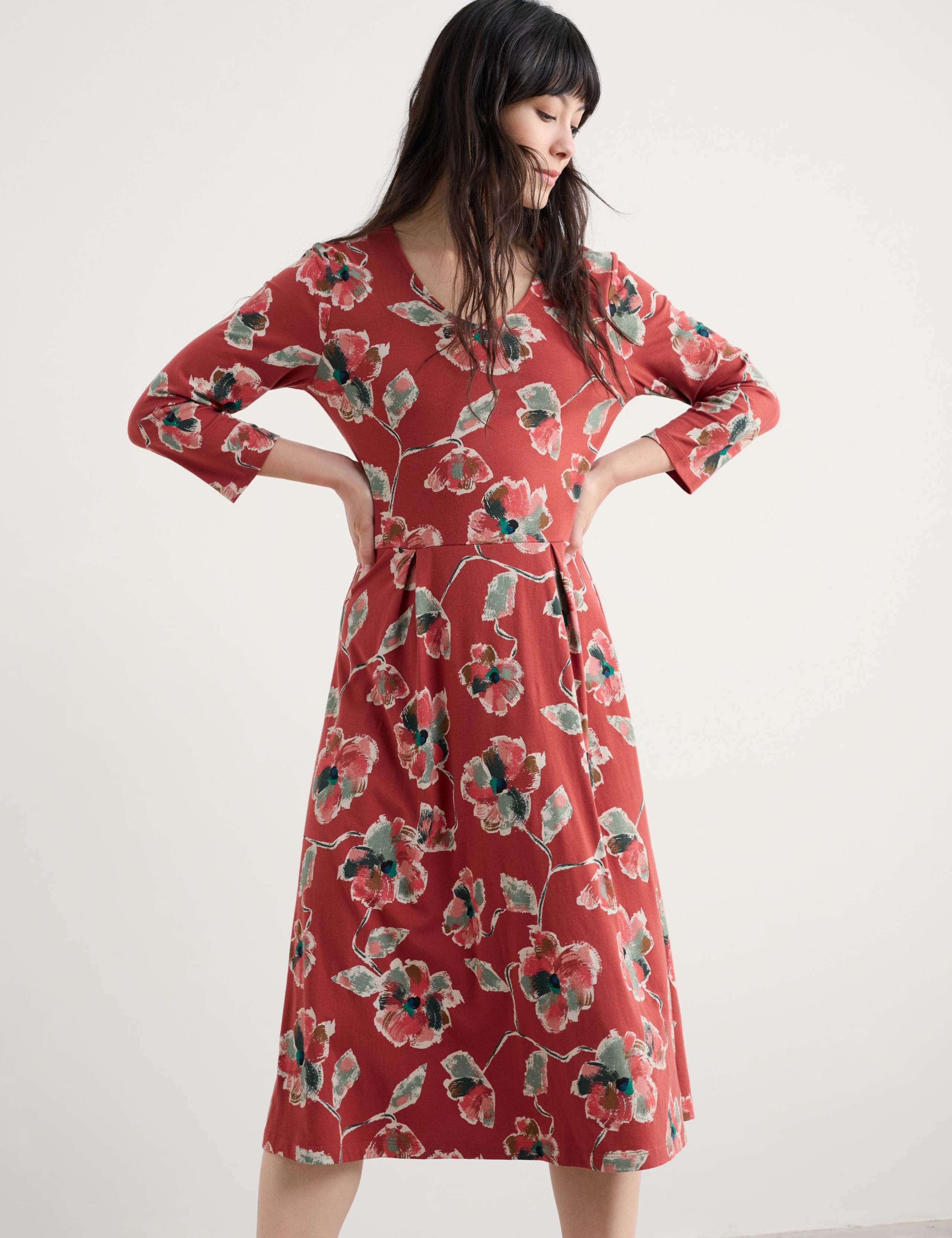 Cotton Rich Floral V-Neck Midi Skater Dress