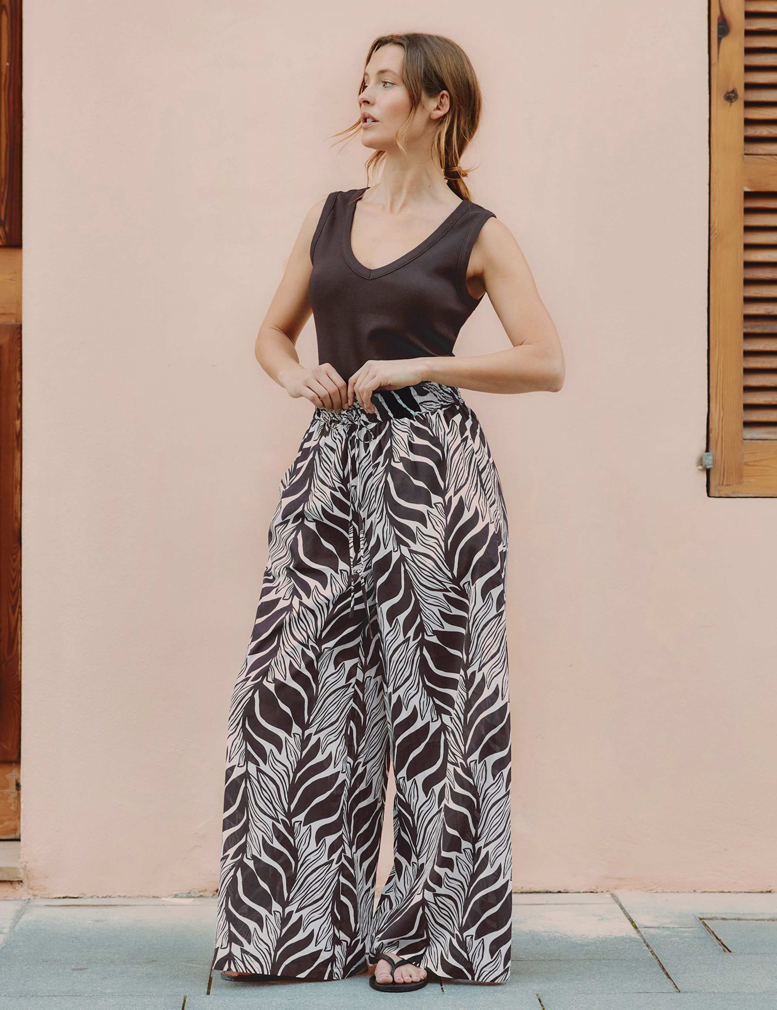 Pure Cotton Palm Print Wide Leg Trousers