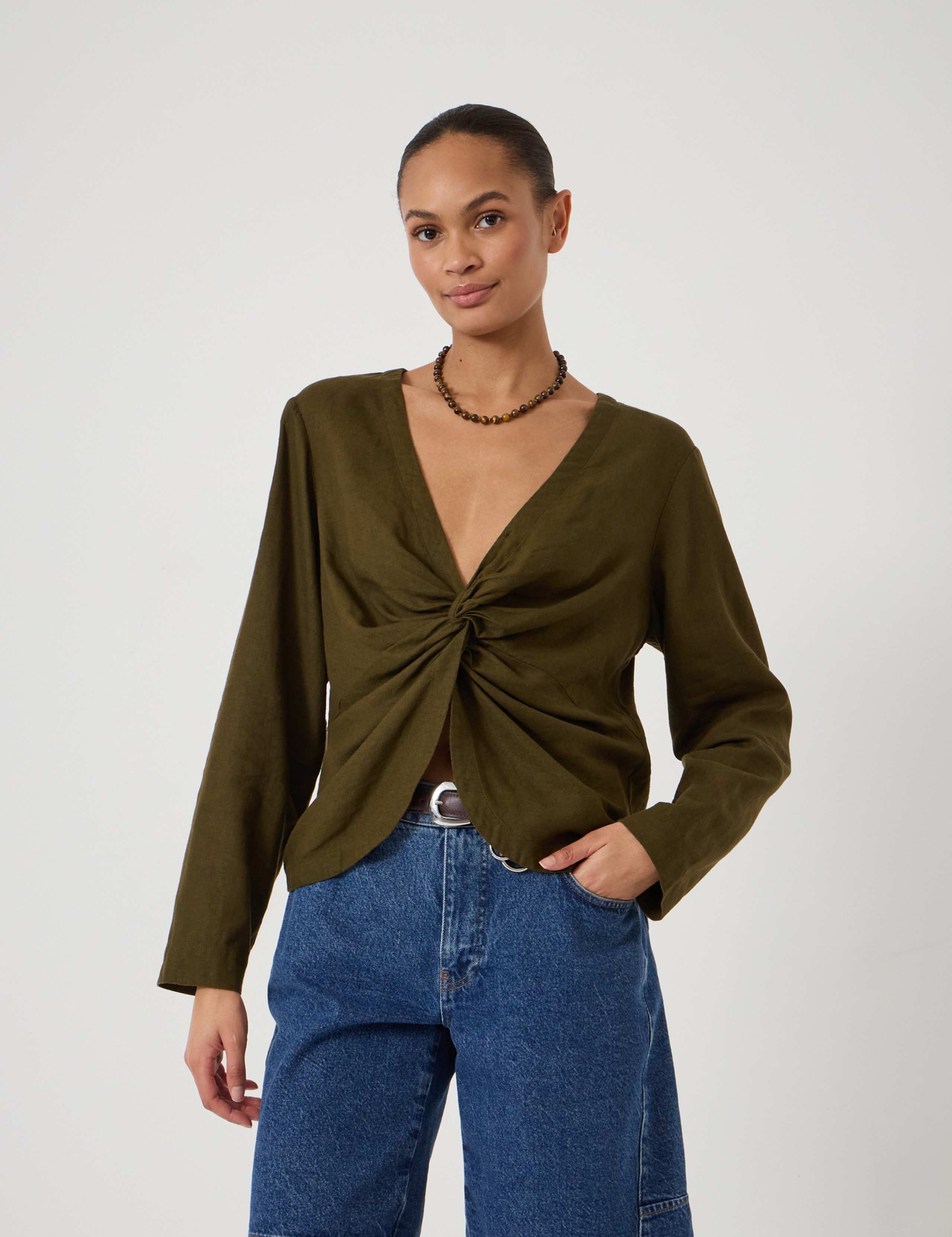 Linen Rich V-Neck Twist Front Top