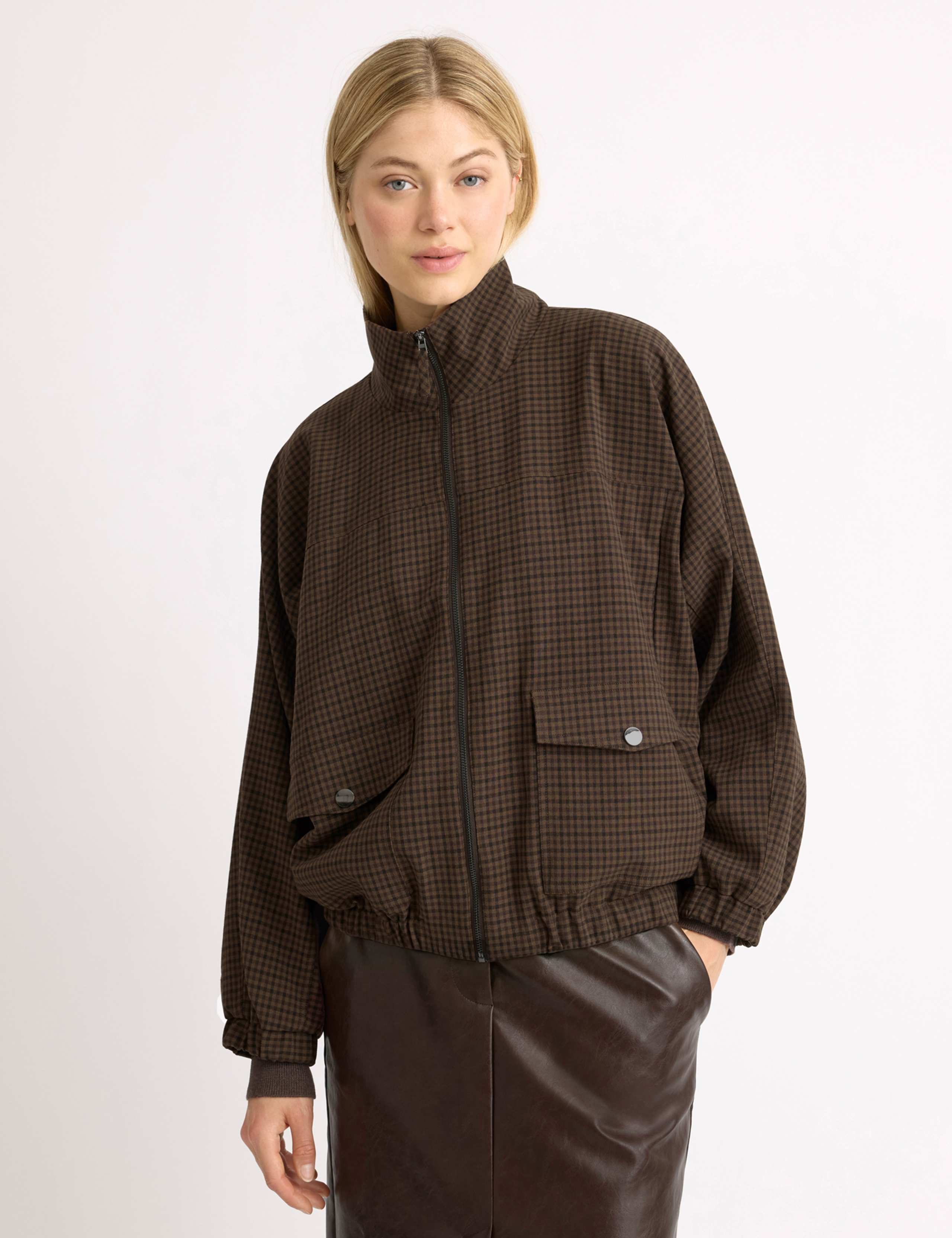 Gingham High Neck Bomber Jacket