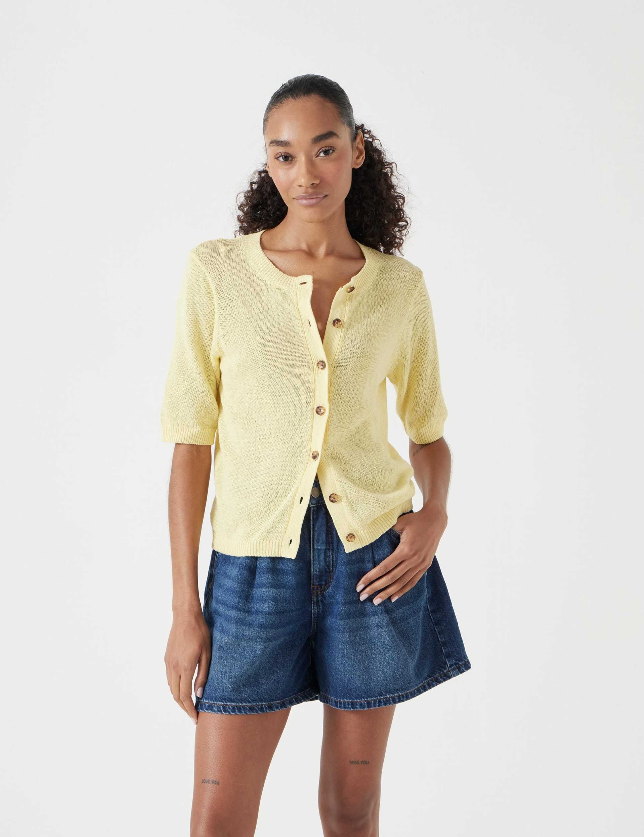 Linen Blend Crew Neck Button Through Cardigan