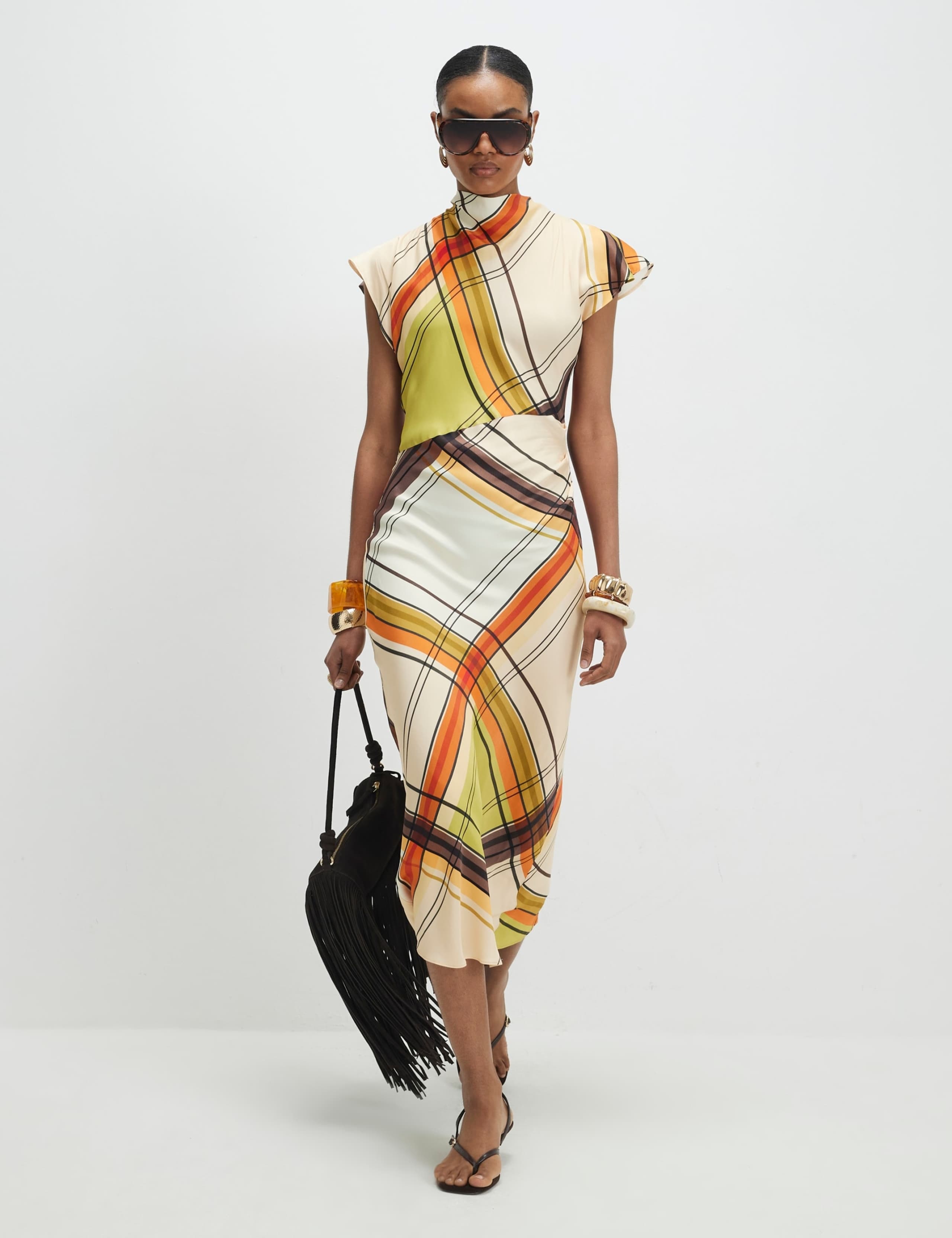 Checked Cowl Neck Midi Column Dress