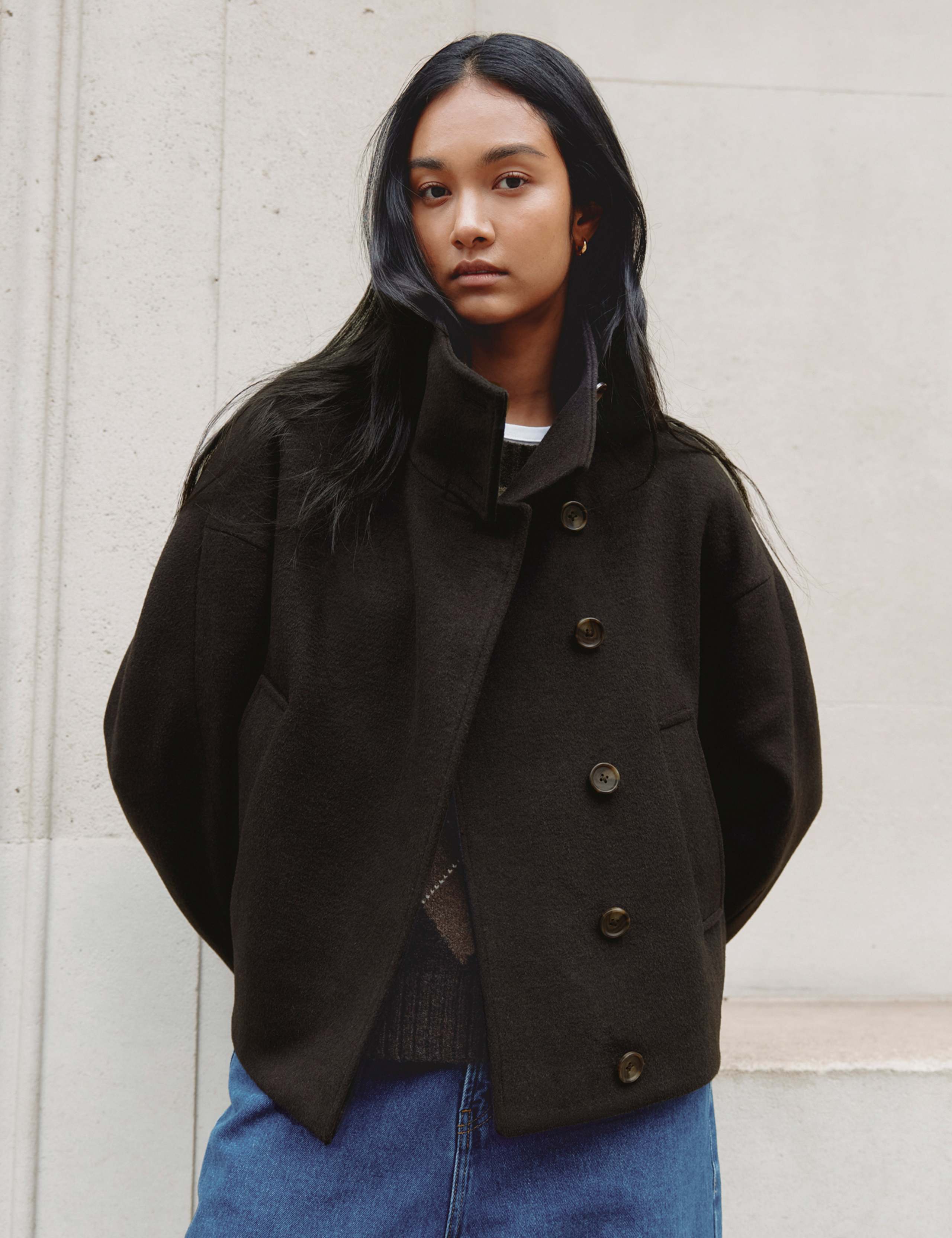 Wool Blend Funnel Neck Jacket