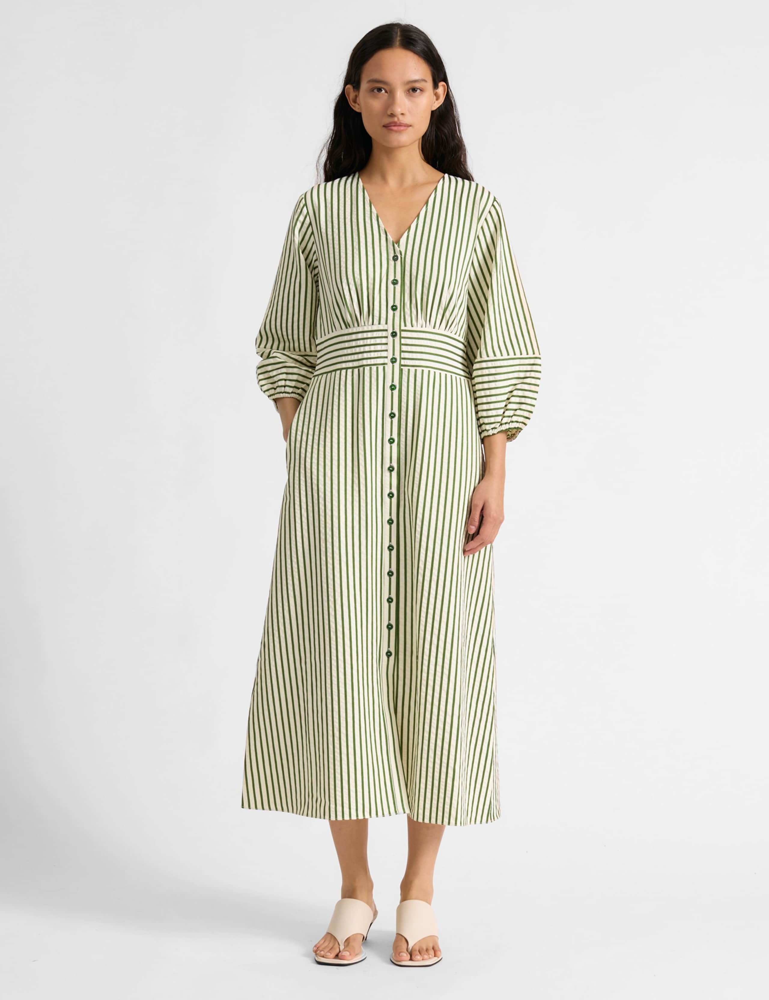 Cotton Blend Striped V-Neck Midi Shirt Dress
