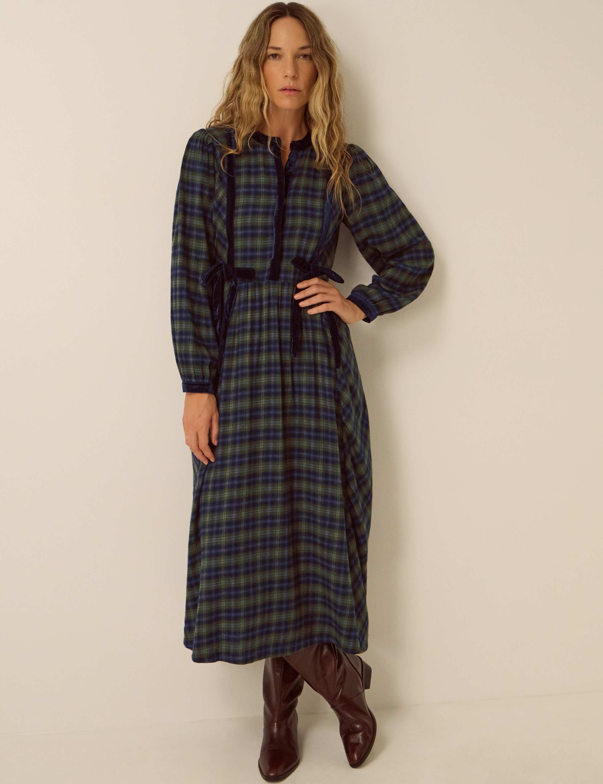 Cotton Blend Checked Midi Dress