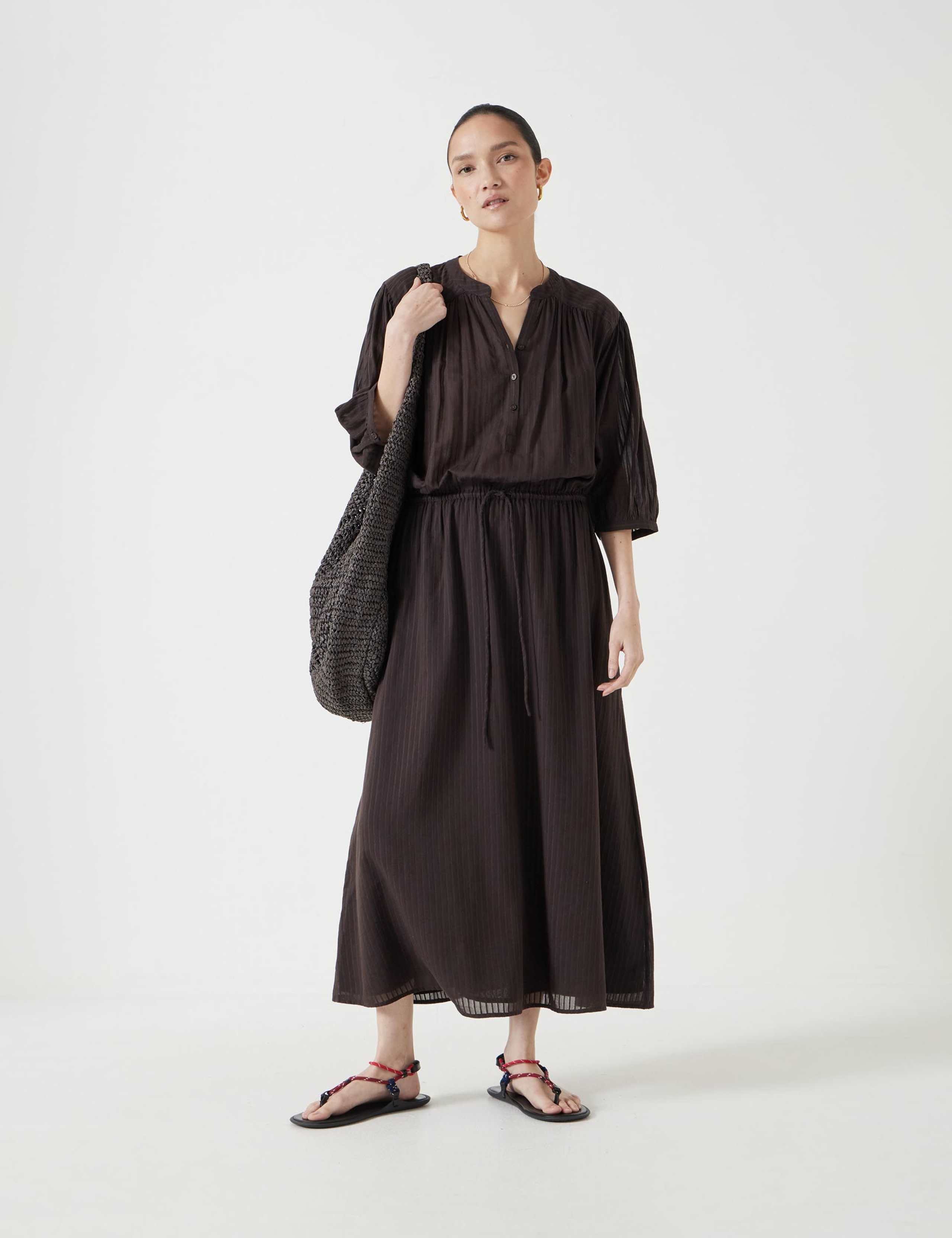 Cotton Rich Notch Neck Midaxi Waisted Dress
