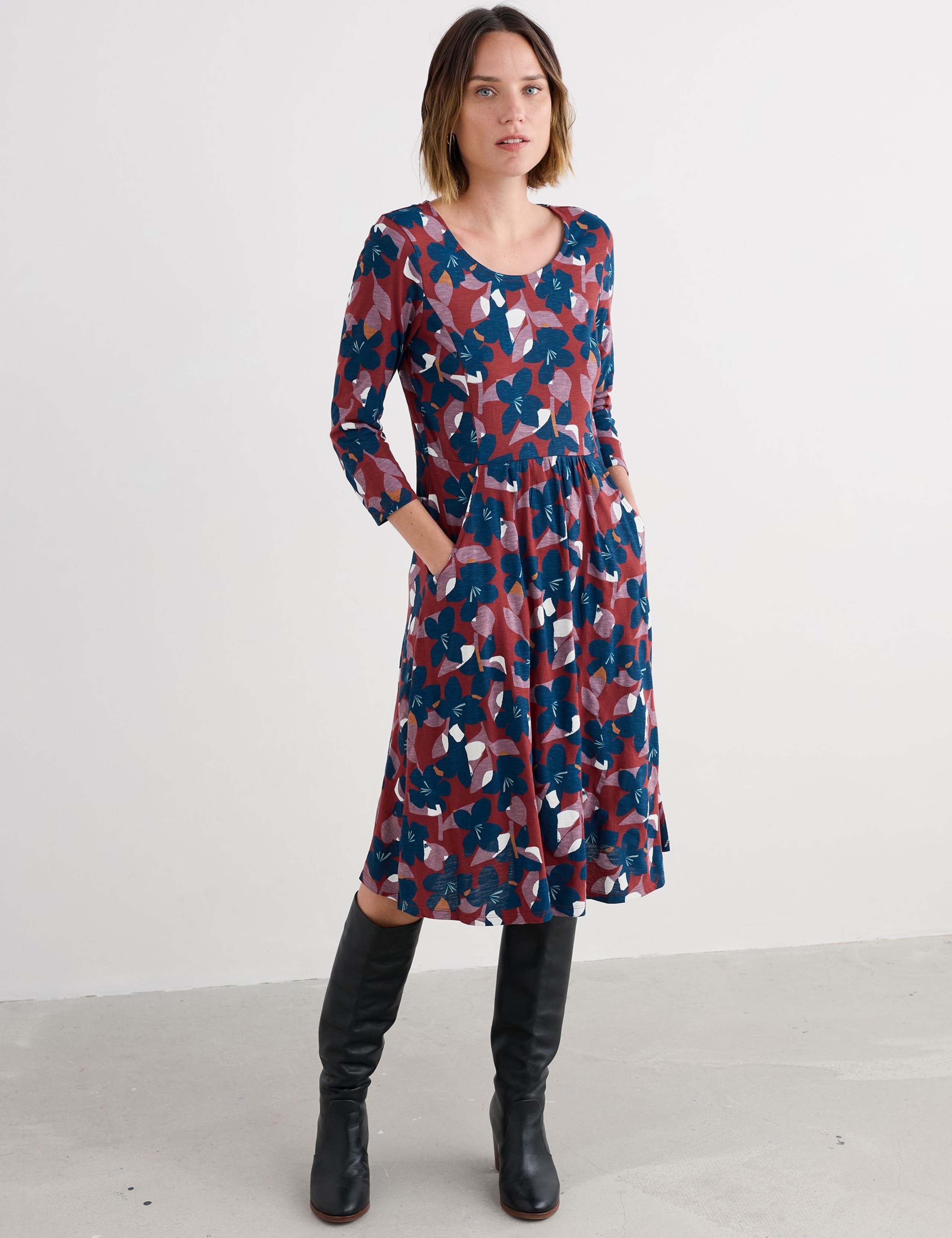 Pure Cotton Floral Midi Waisted Dress