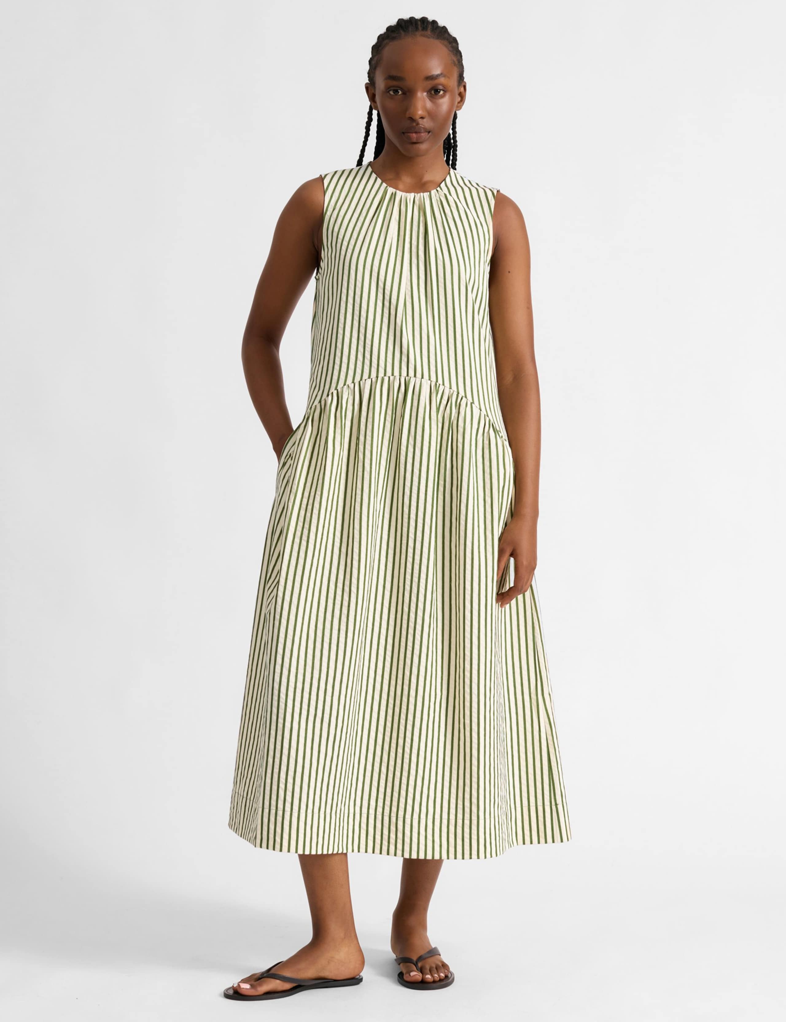 Cotton Blend Striped Midi Smock Dress