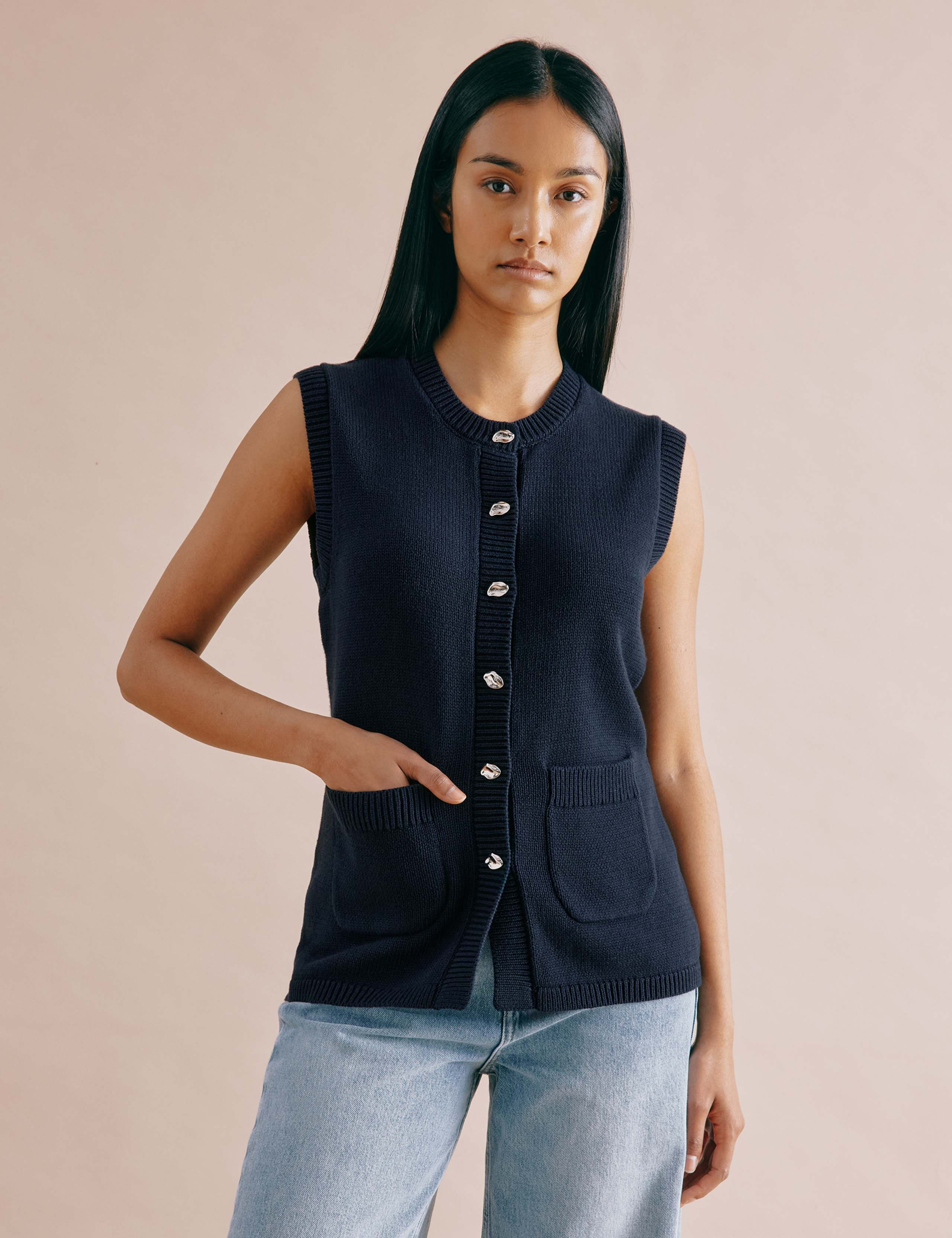 Pure Cotton Knitted Longline Waistcoat
