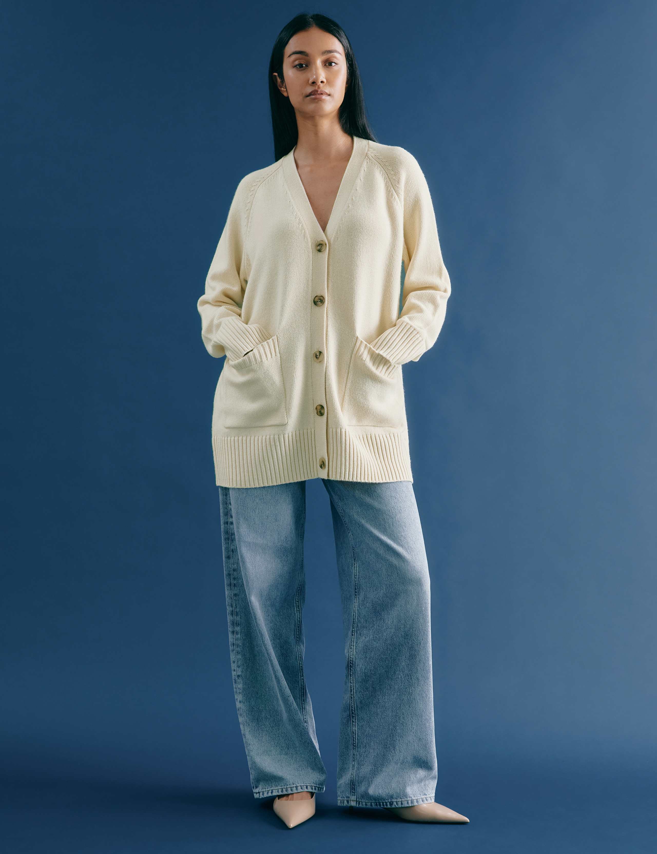 V-Neck Button Front Longline Cardigan with Wool