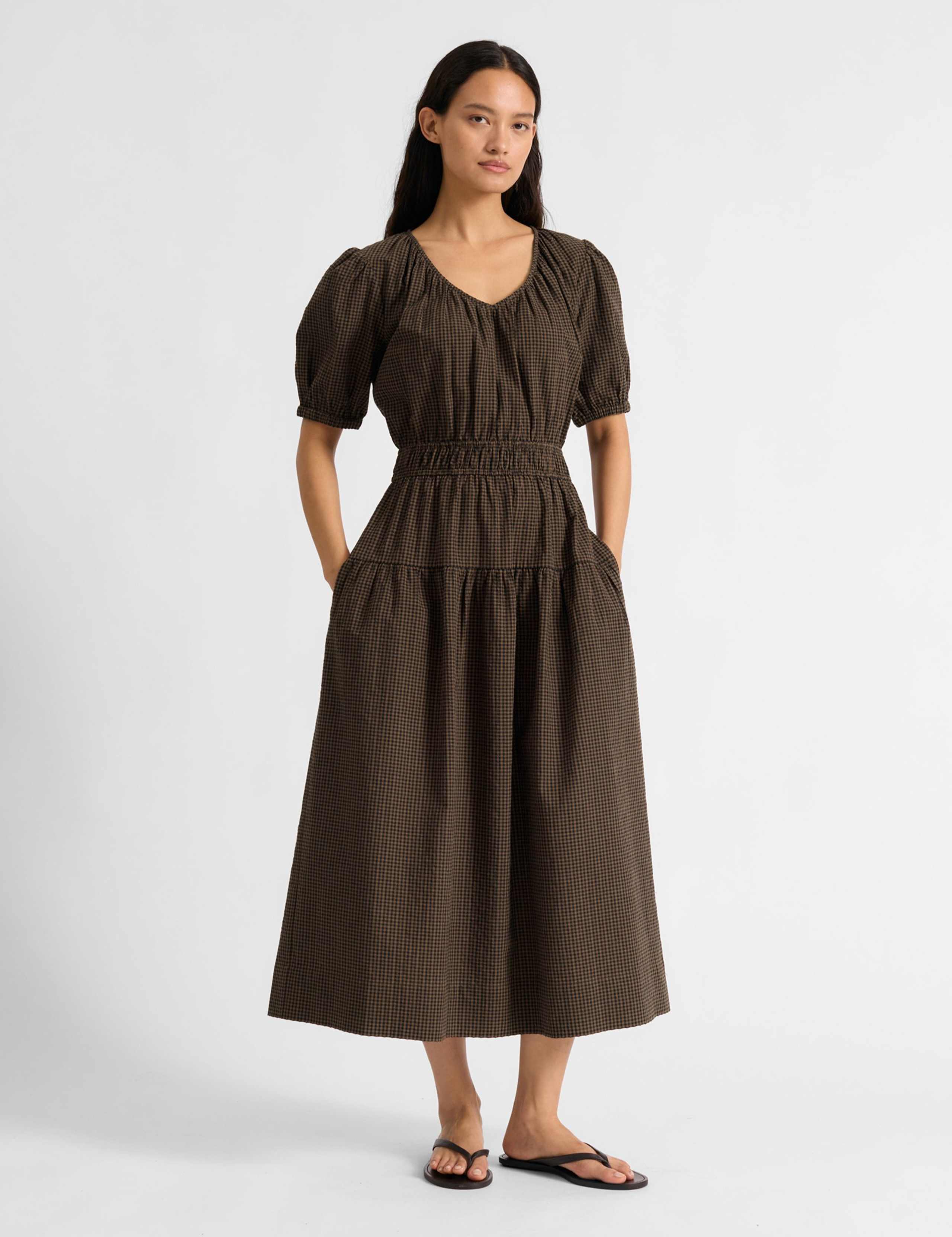 Pure Cotton Checked Midi Smock Dress