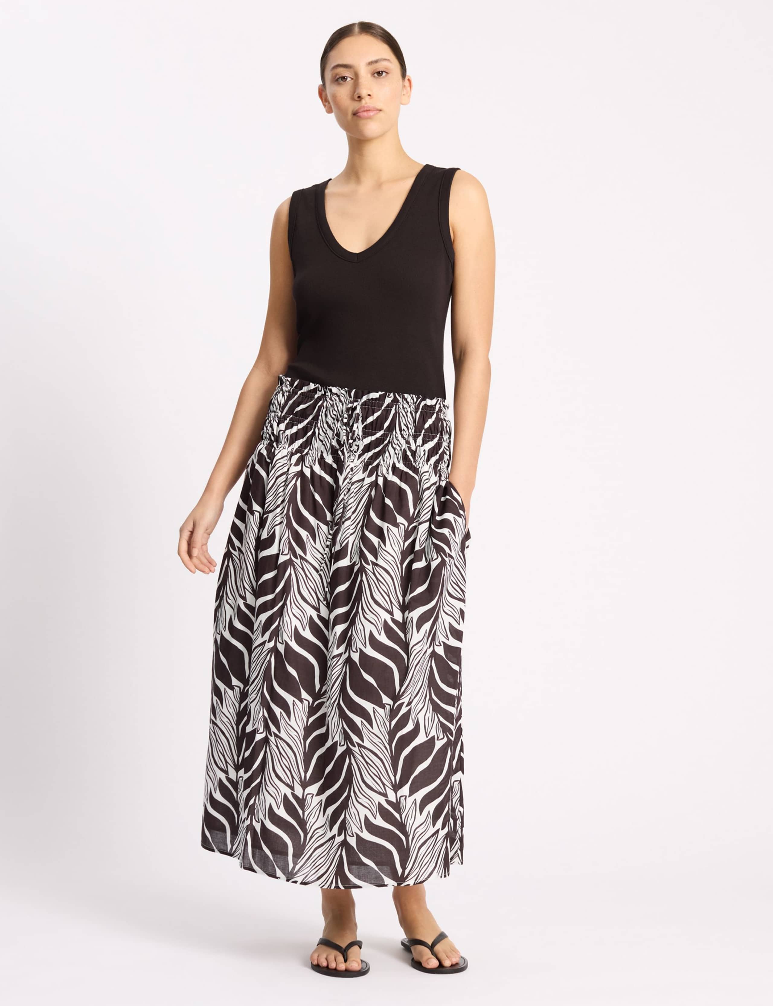 Pure Cotton Palm Print Midi A-Line Skirt