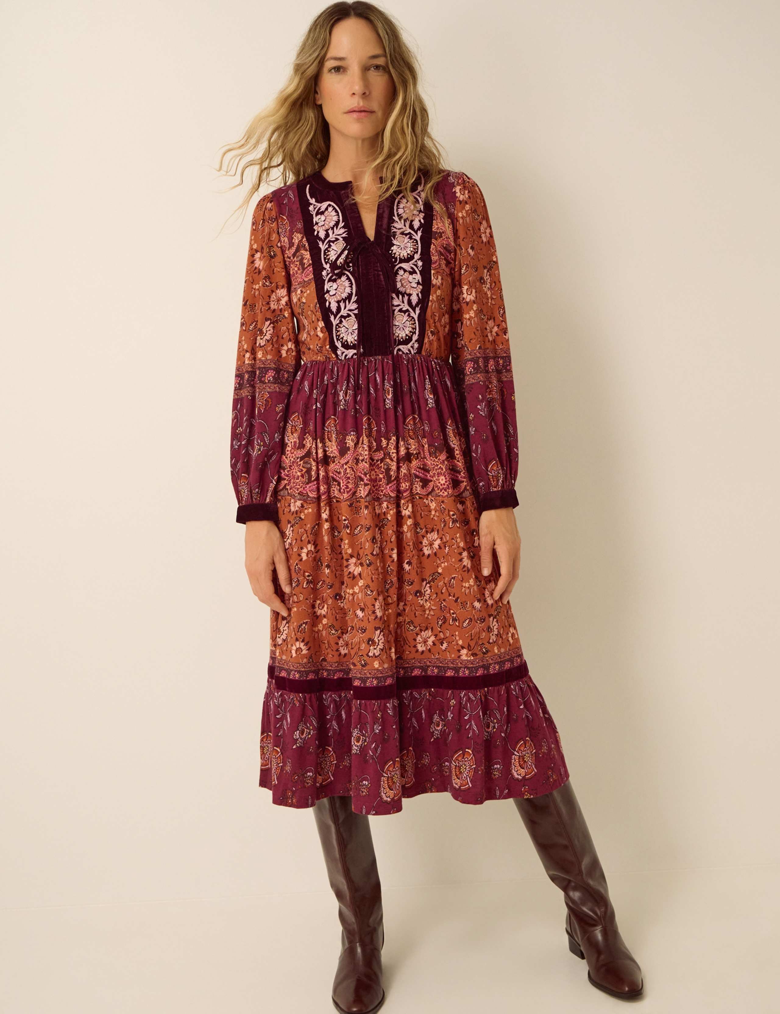 Cotton Rich Printed V Neck Midi Tiered Dress