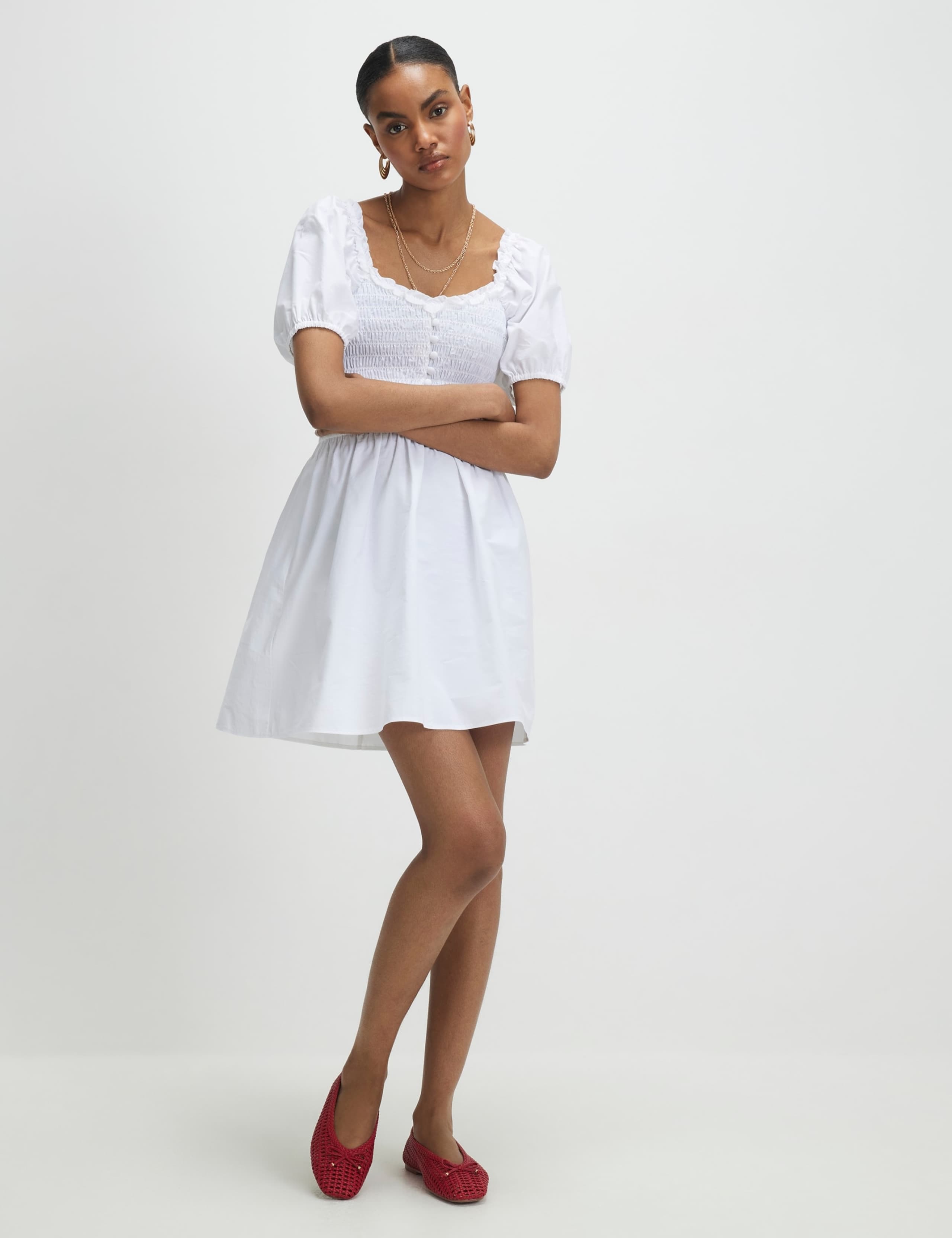 Pure Cotton Puff Sleeve Mini Shirred Dress