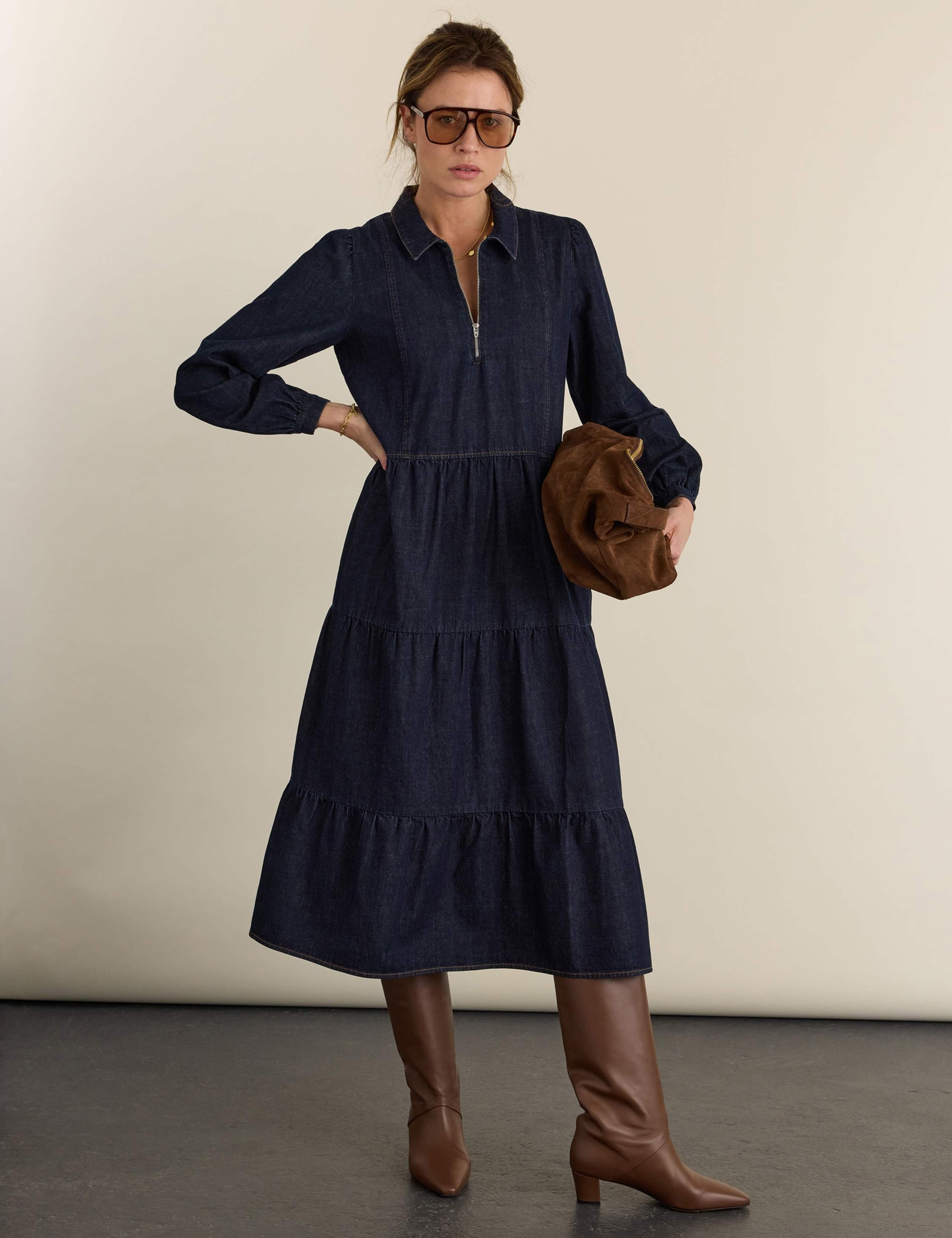 Pure Cotton Denim Collared Midi Tiered Dress