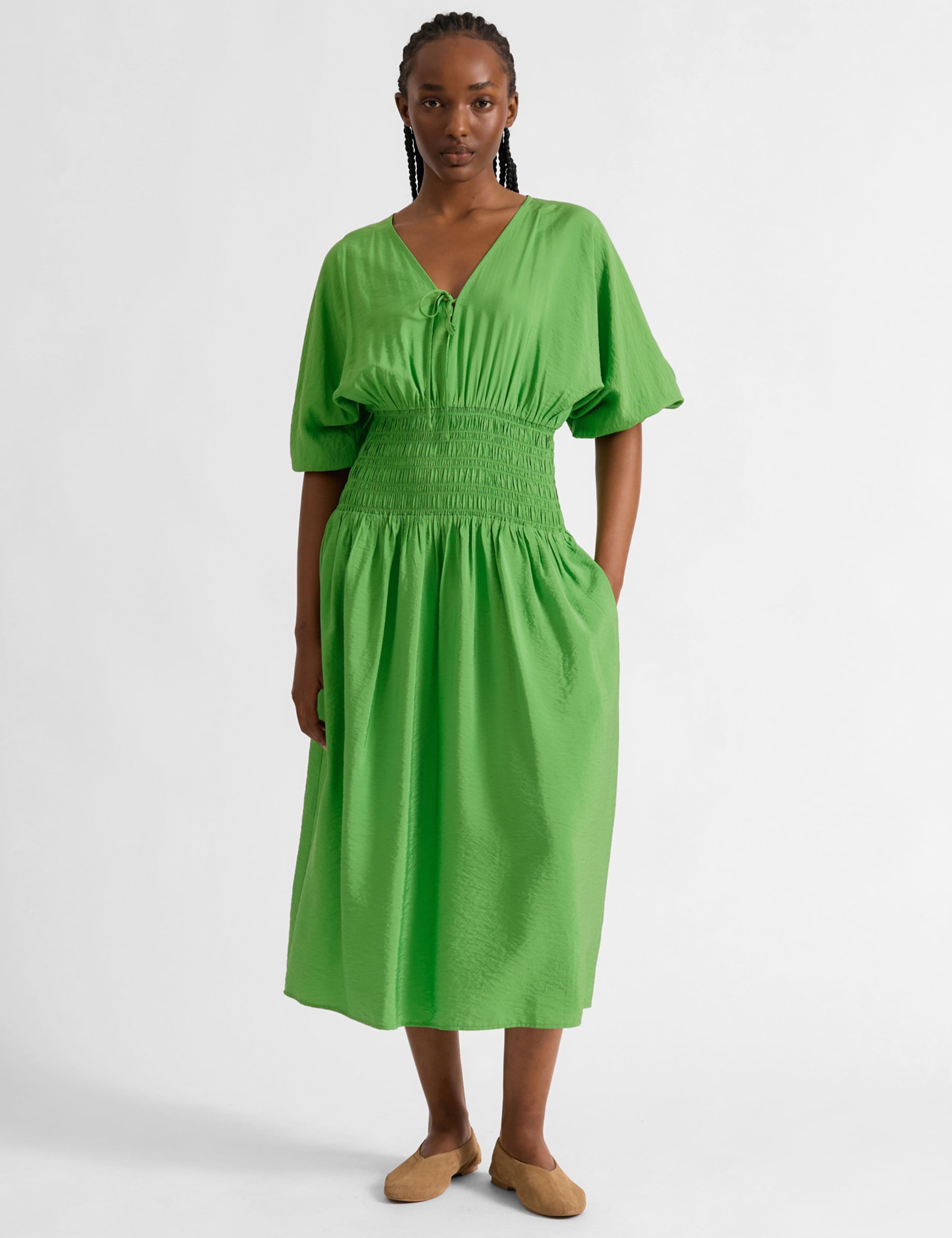 V-Neck Tie Detail Midi Waisted Dress