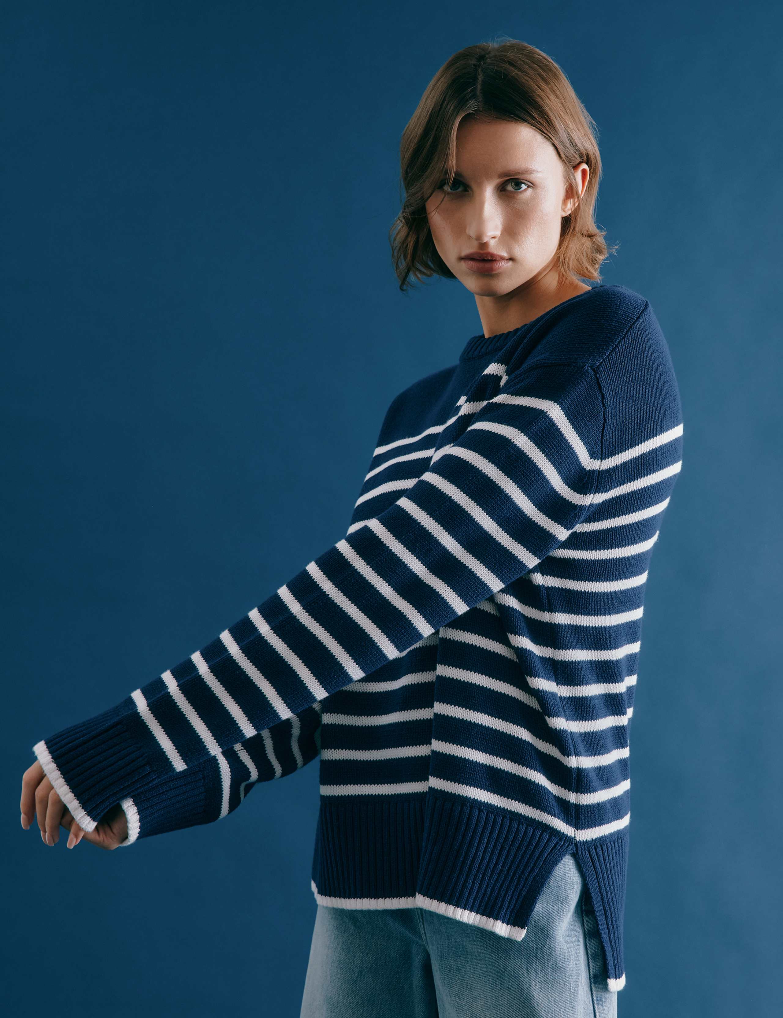 Pure Cotton Striped Stepped Hem Jumper
