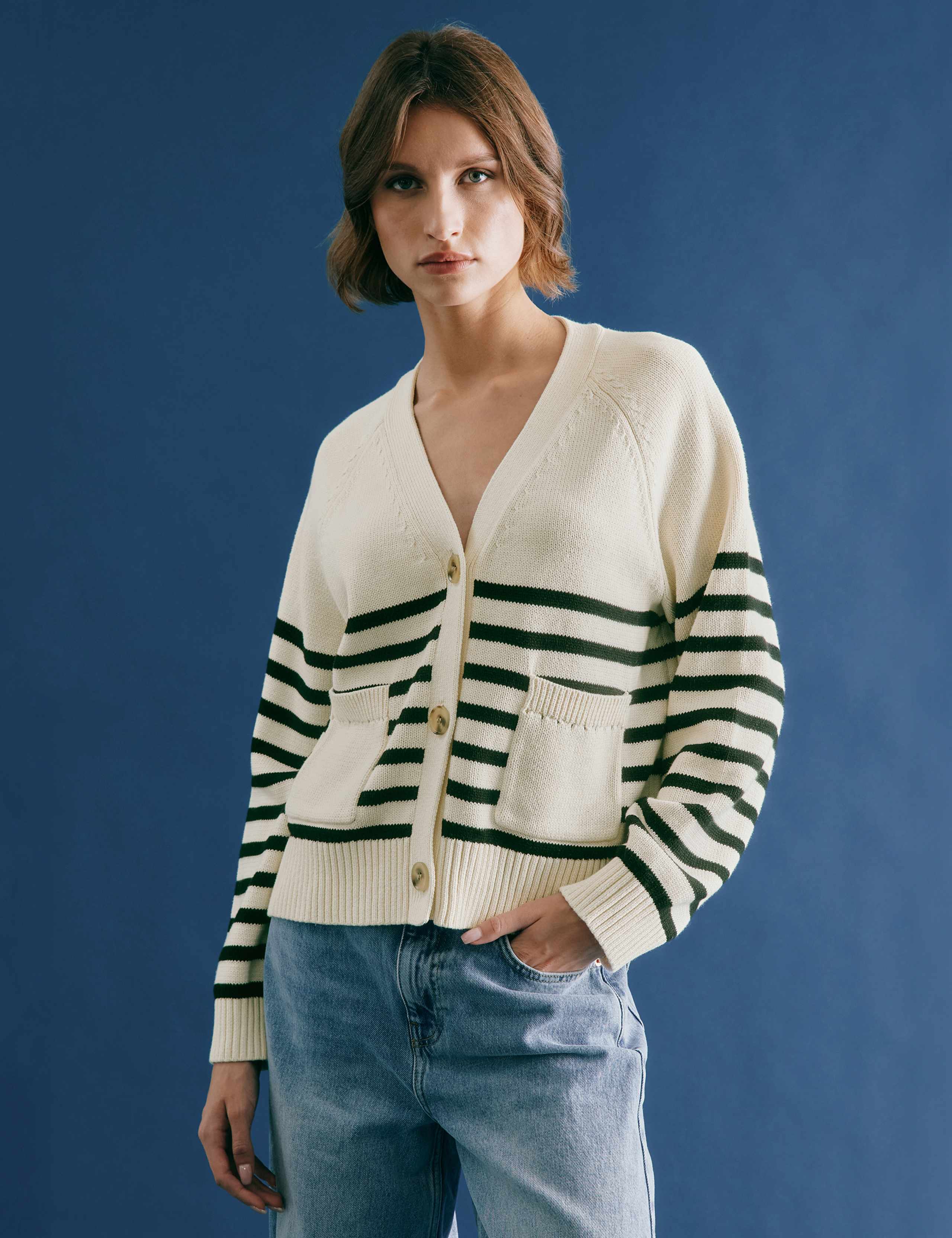 Pure Cotton Striped V-Neck Cardigan