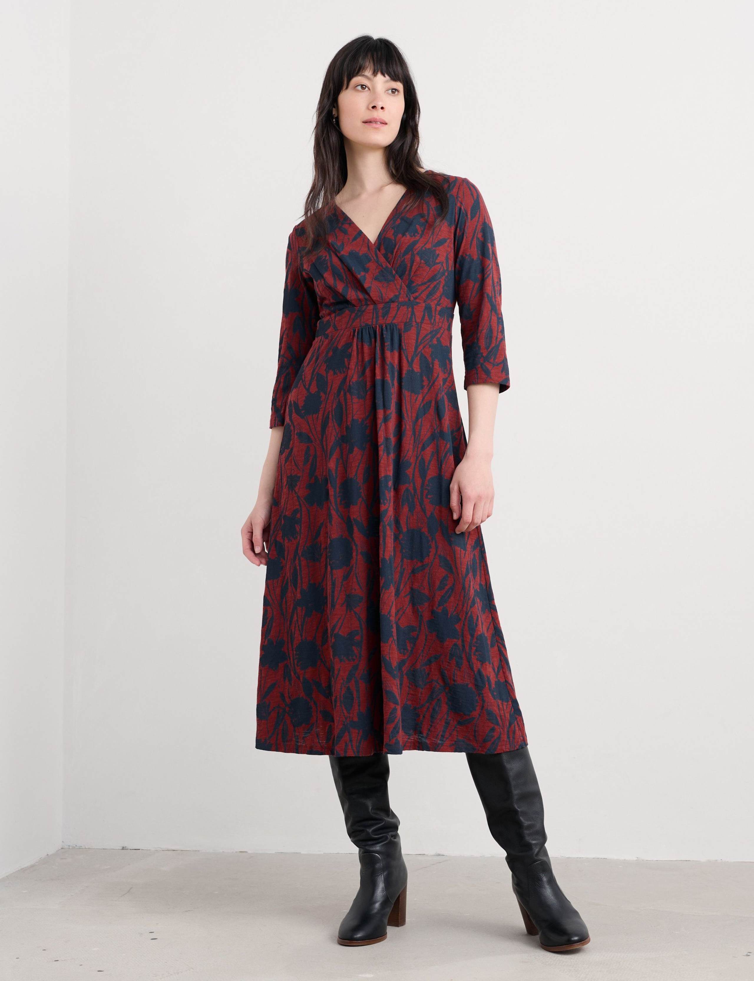 Jersey Floral V-Neck Midi Wrap Dress