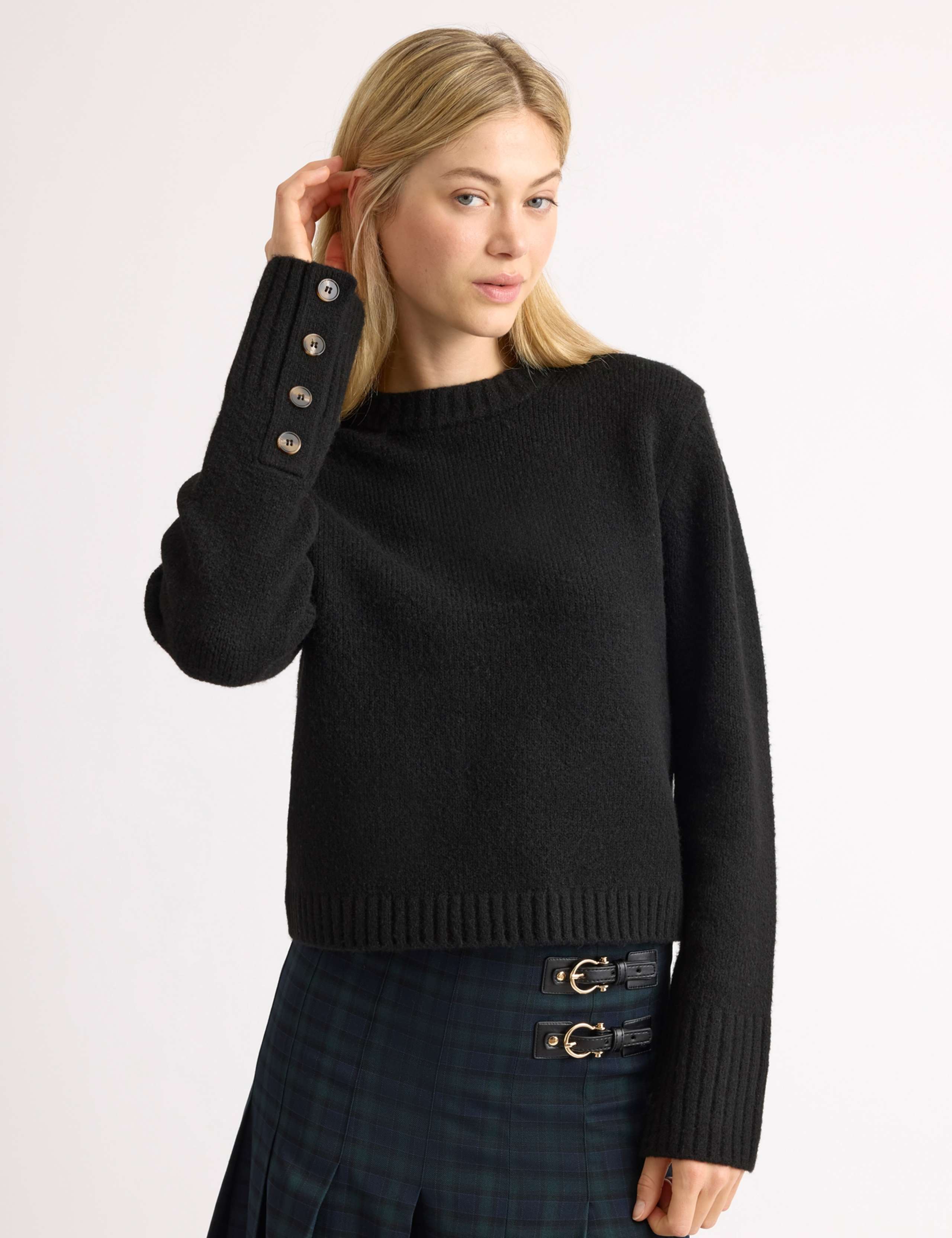 Crew Neck Button Detail Jumper with Wool