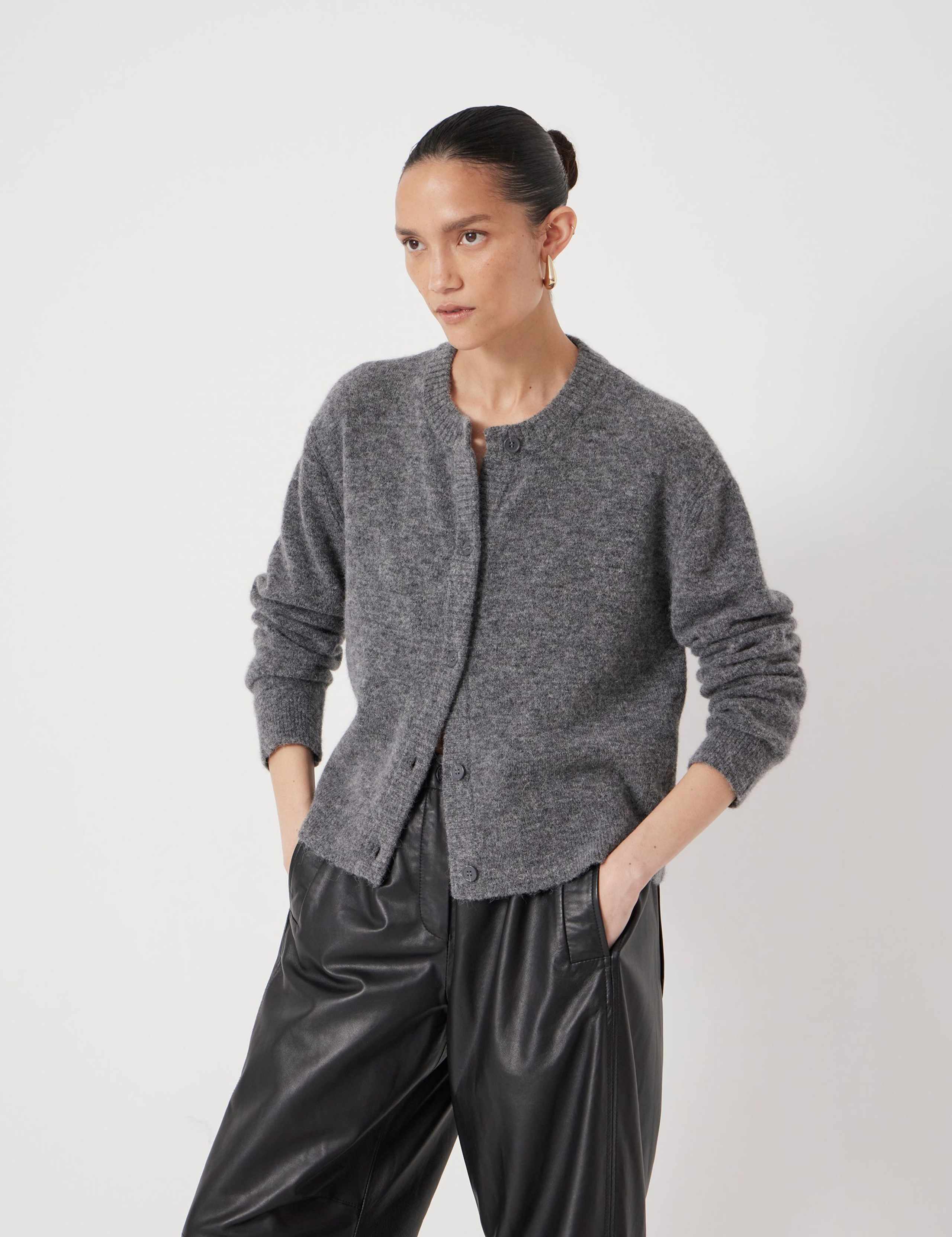 Wool Blend Crew Neck Cardigan