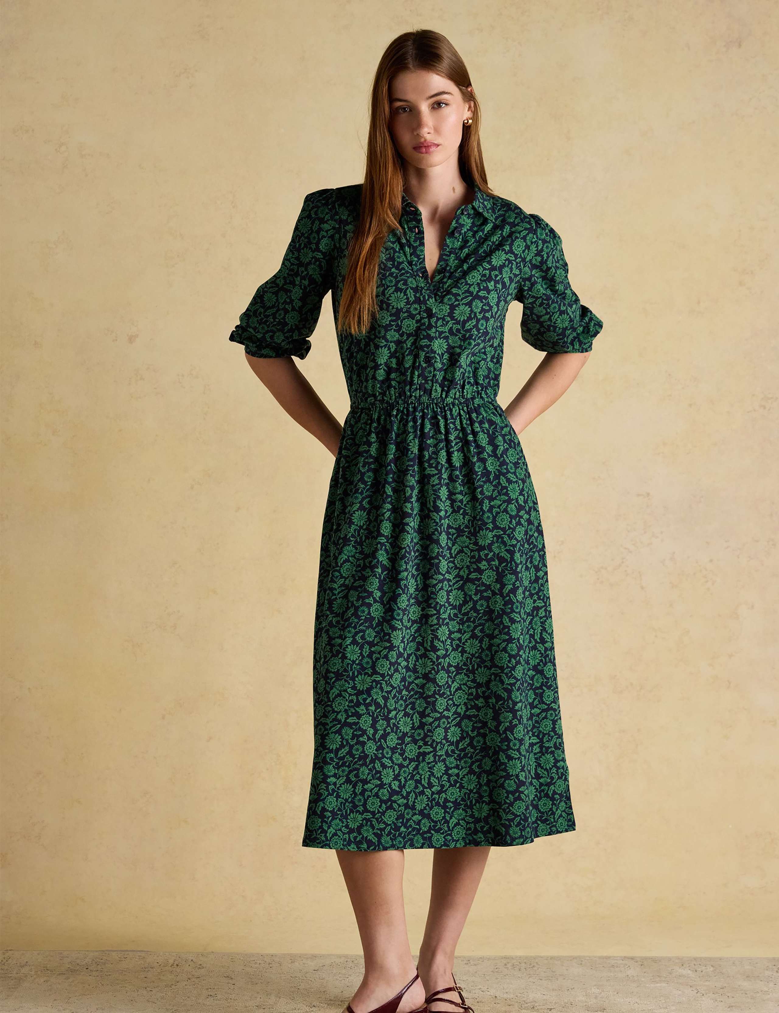 Jersey Floral Midi Waisted Shirt Dress
