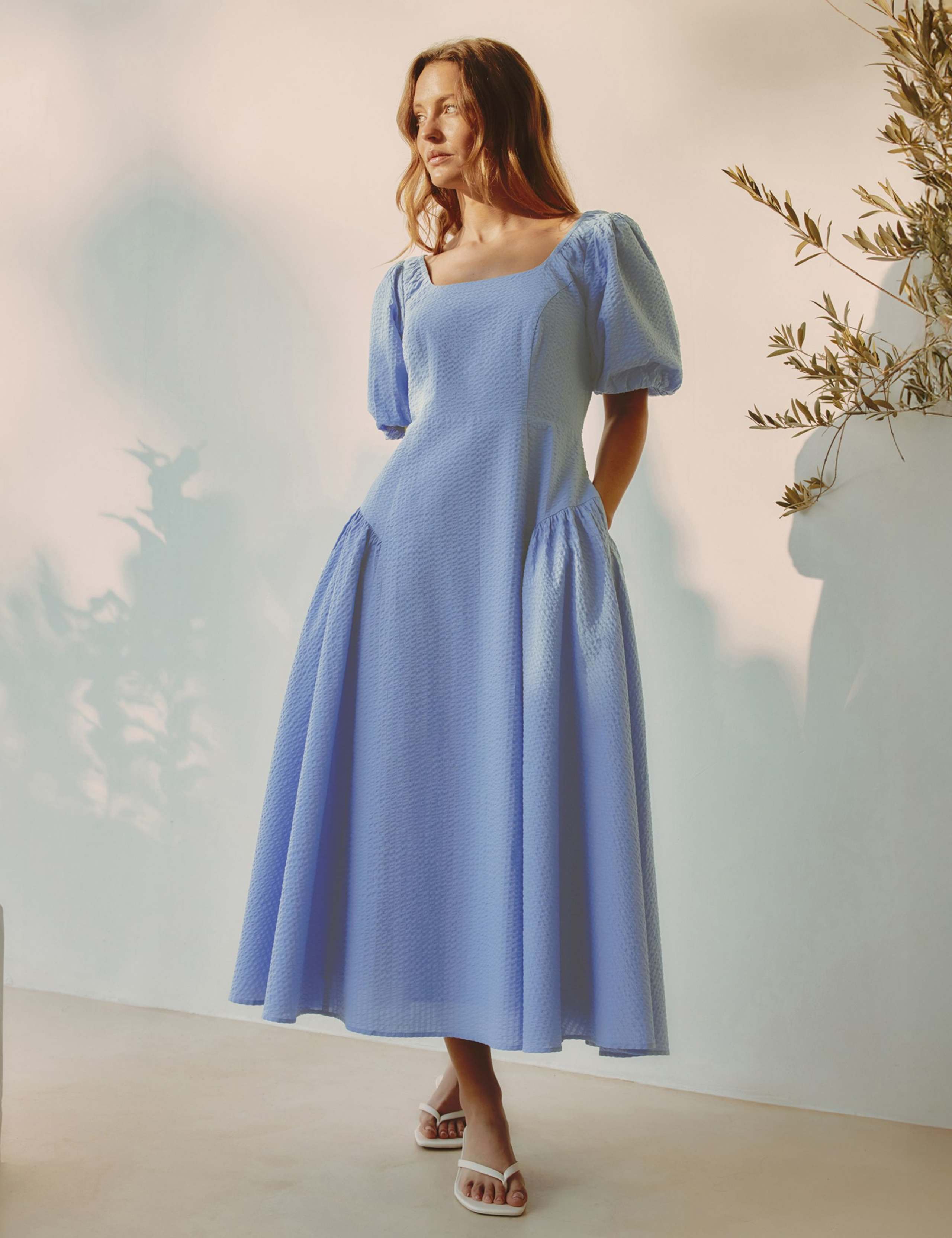 Pure Cotton Seersucker Puff Sleeve Midi Dress