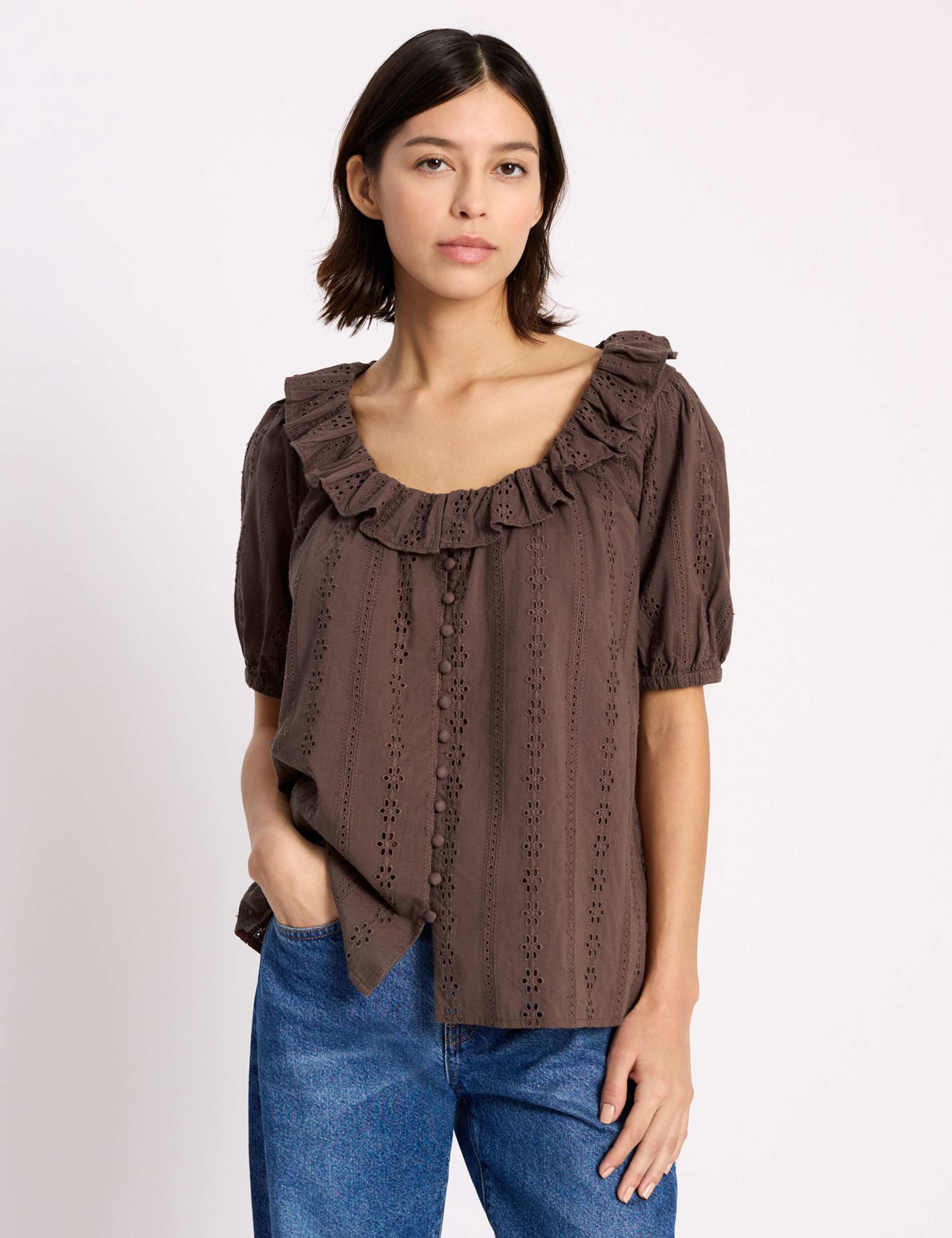 Pure Cotton Broderie Scoop Neck Ruffle Top