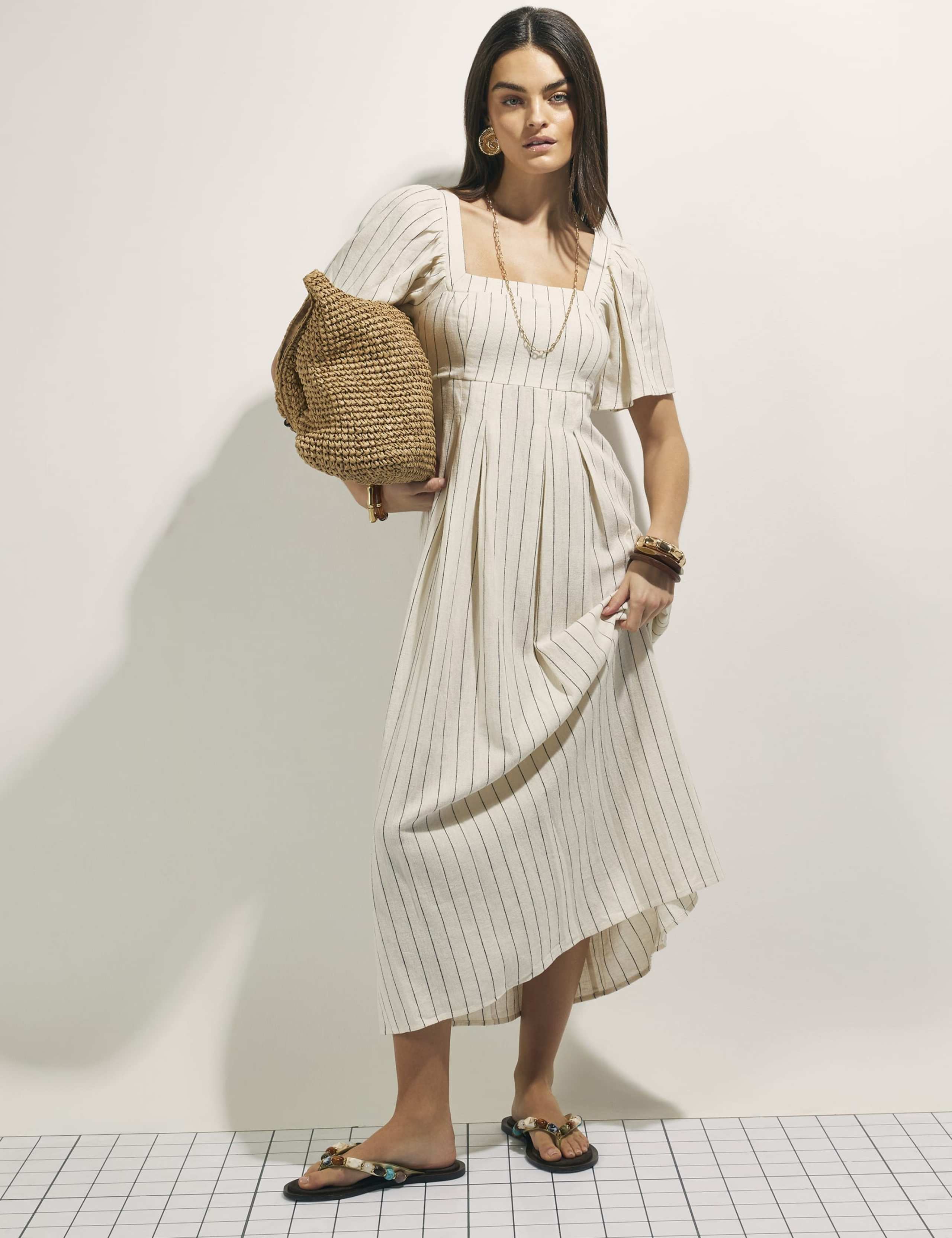 Linen Rich Striped Shirred Midi Dress