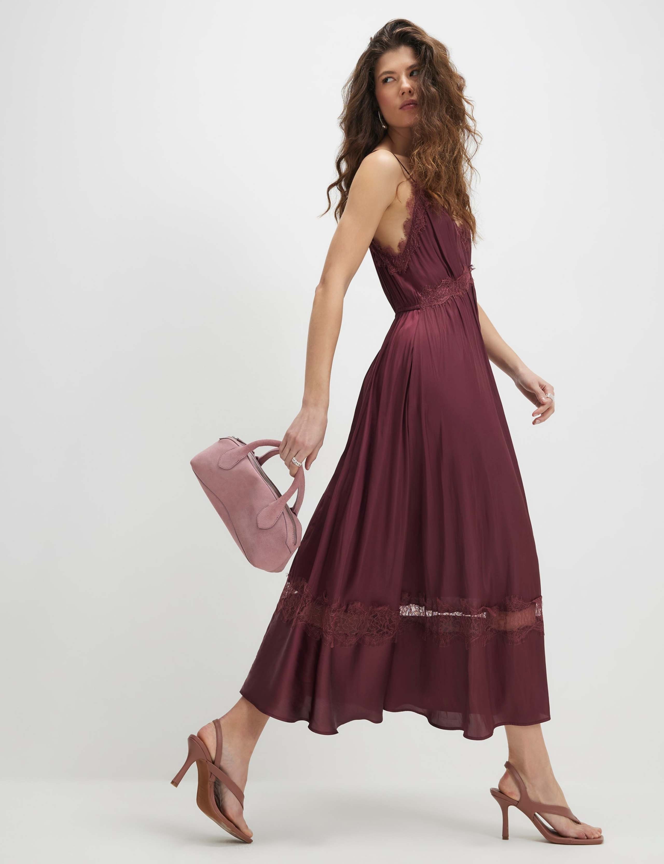 Satin V-Neck Lace Trim Midi Slip Dress