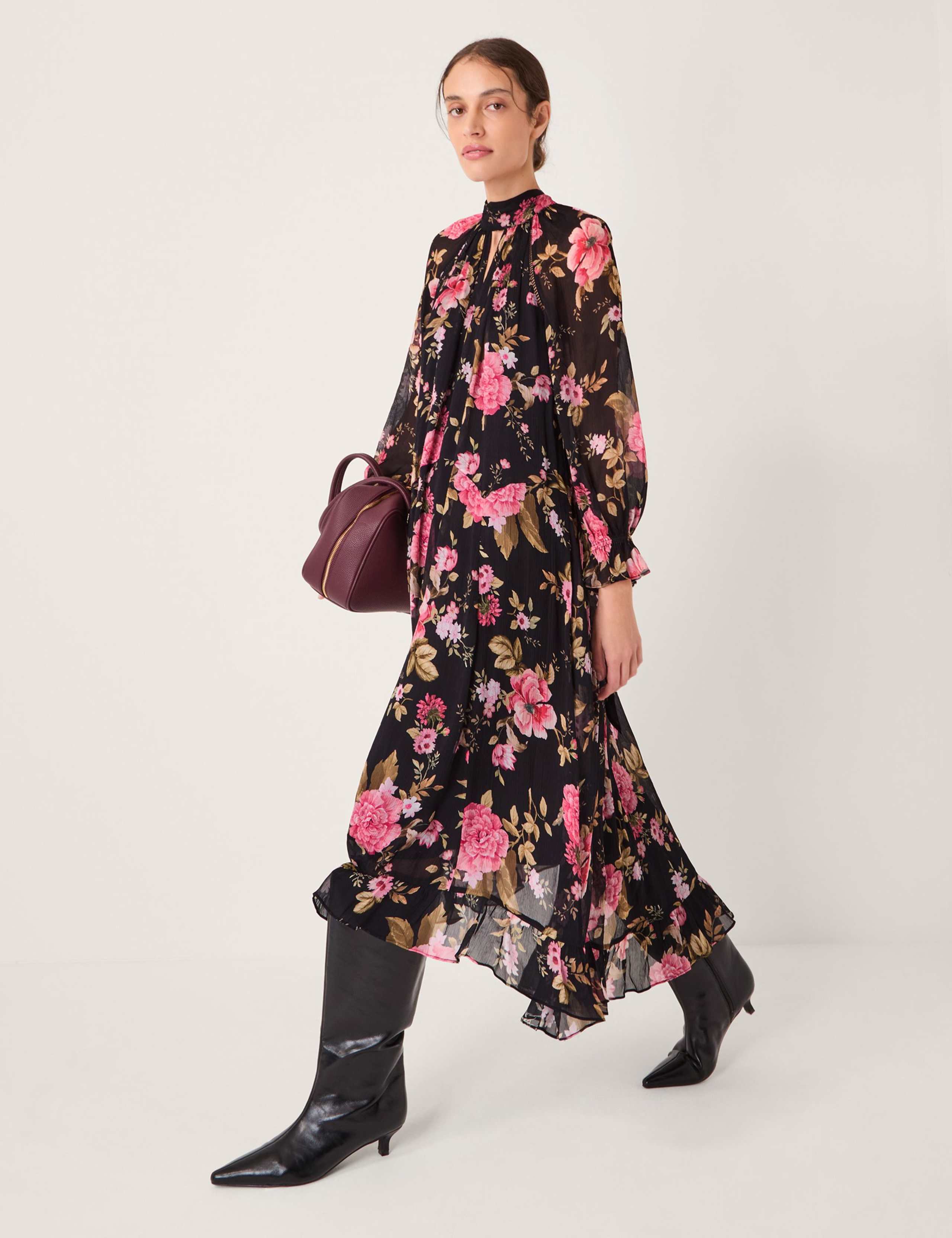 Floral High Neck Midi Trapeze Dress