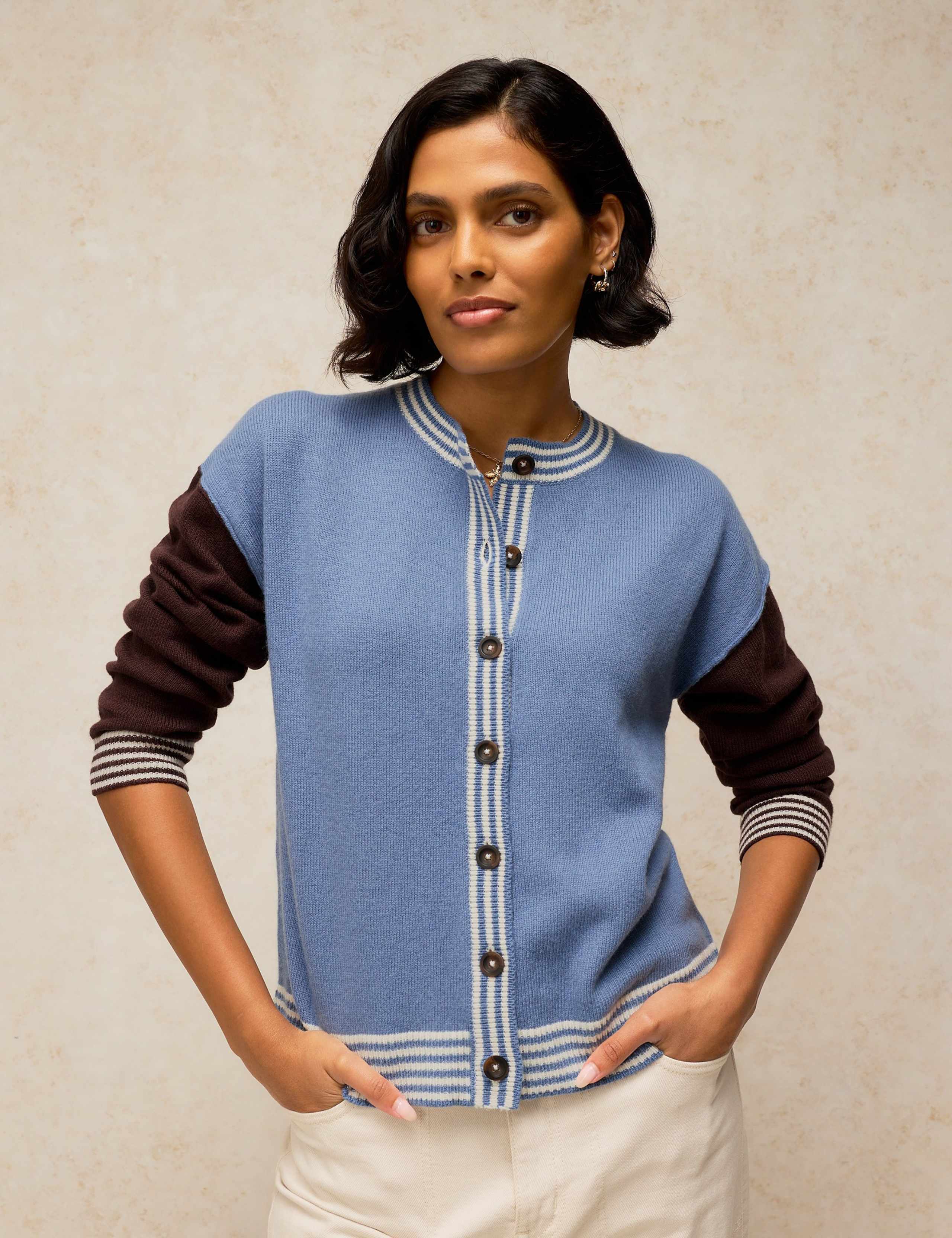Wool Blend Colour Block Cardigan with Cotton