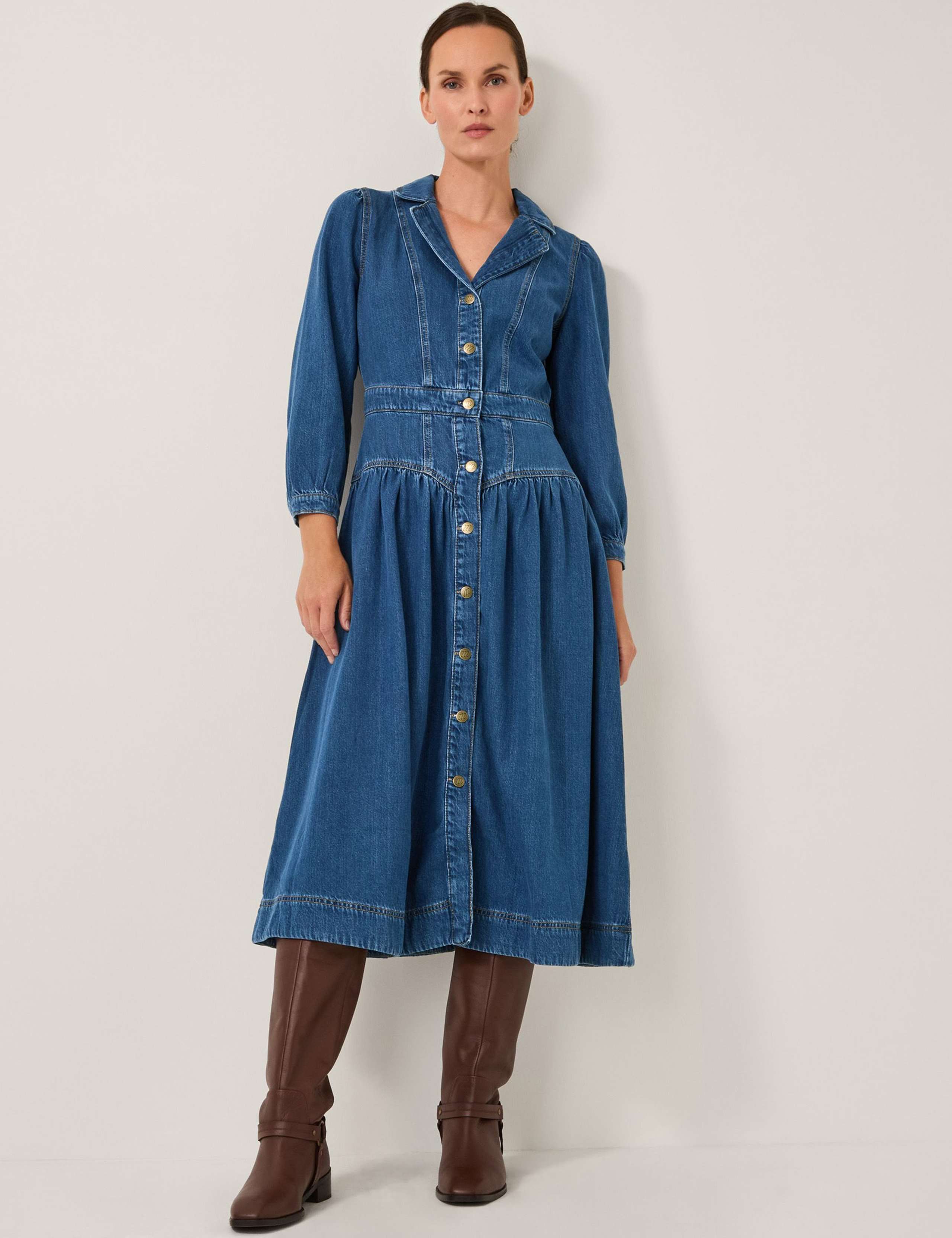 Denim Button Through Drop Waist Midi Dress