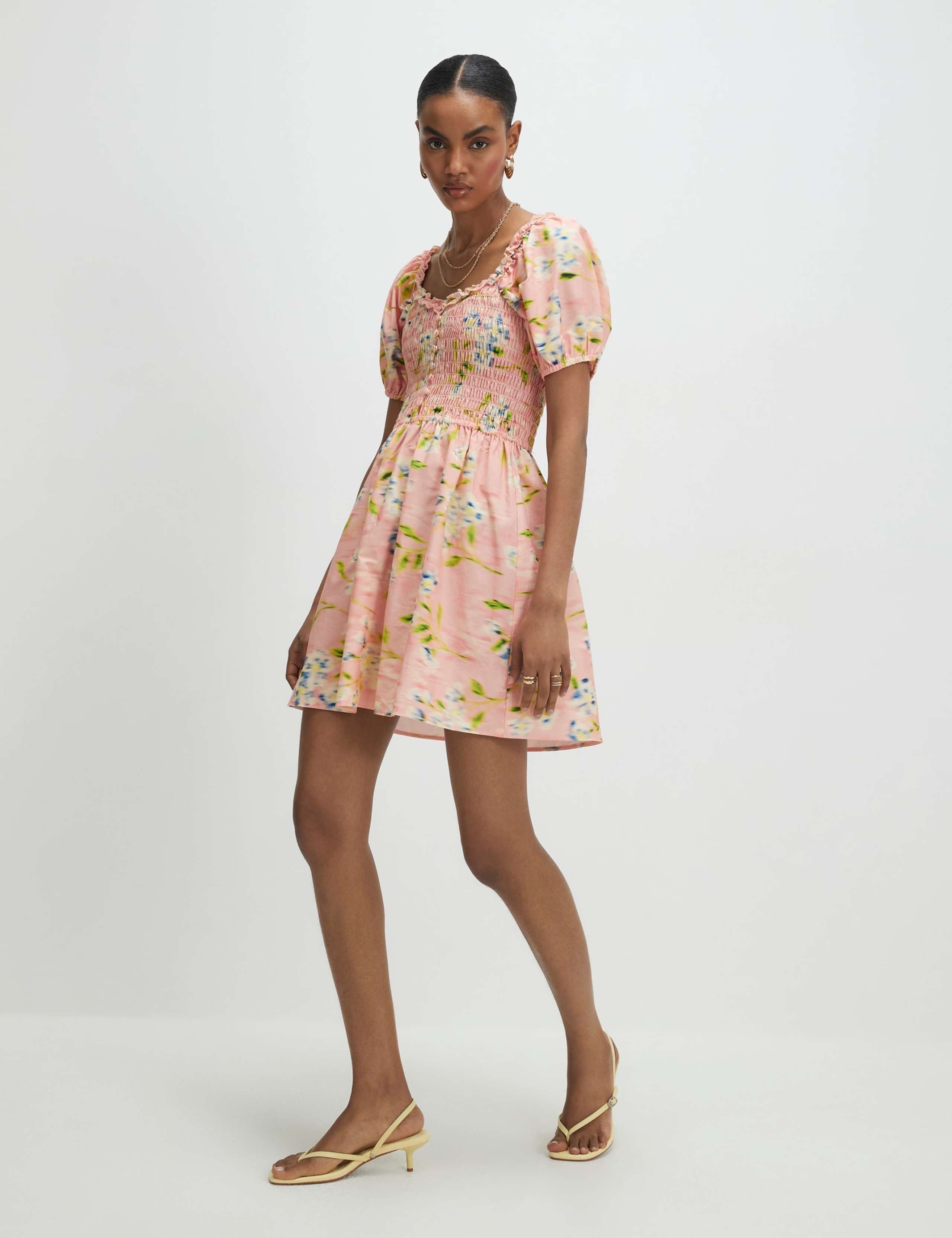 Pure Cotton Puff Sleeve Shirred Mini Dress