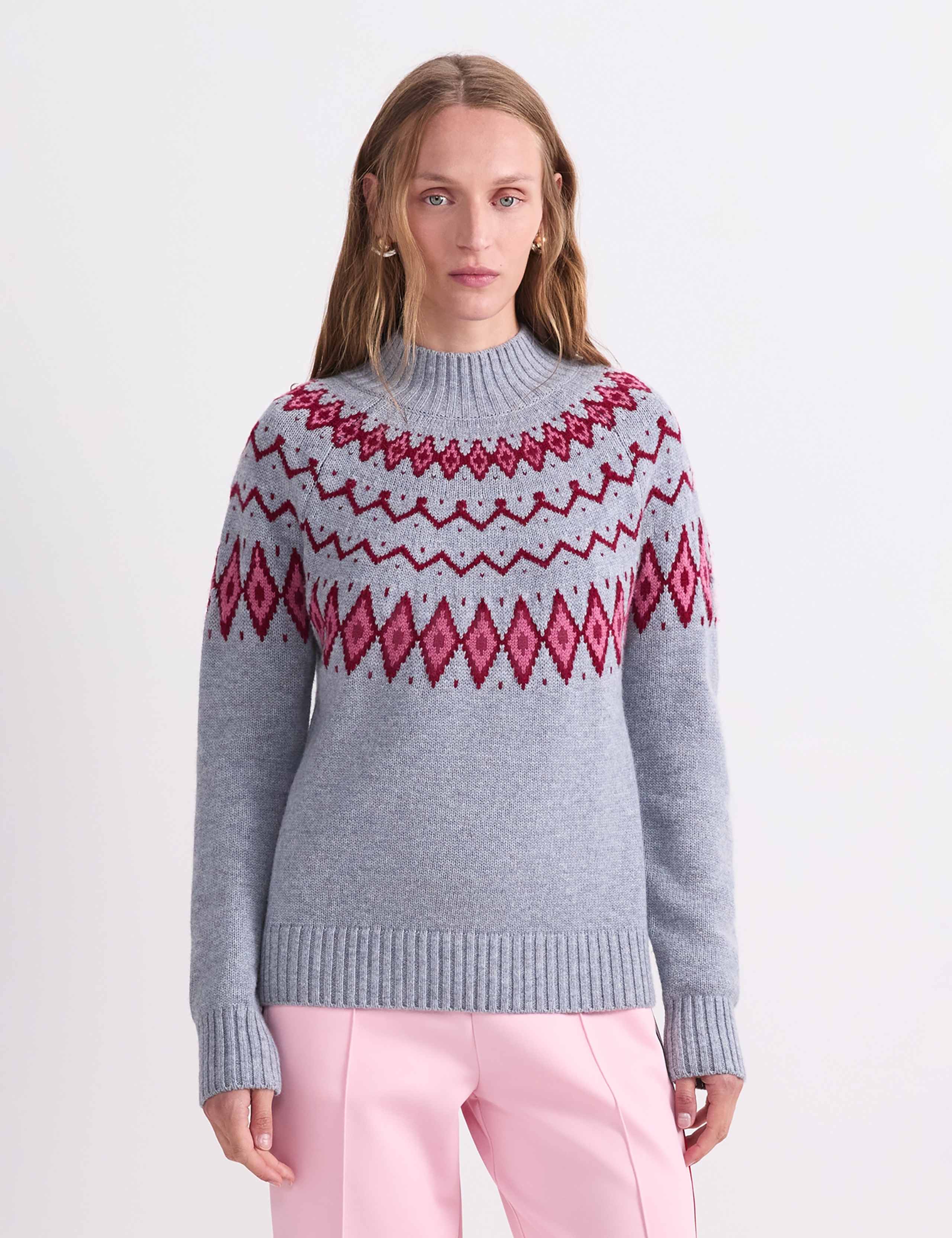 Pure Wool Jacquard High Neck Jumper