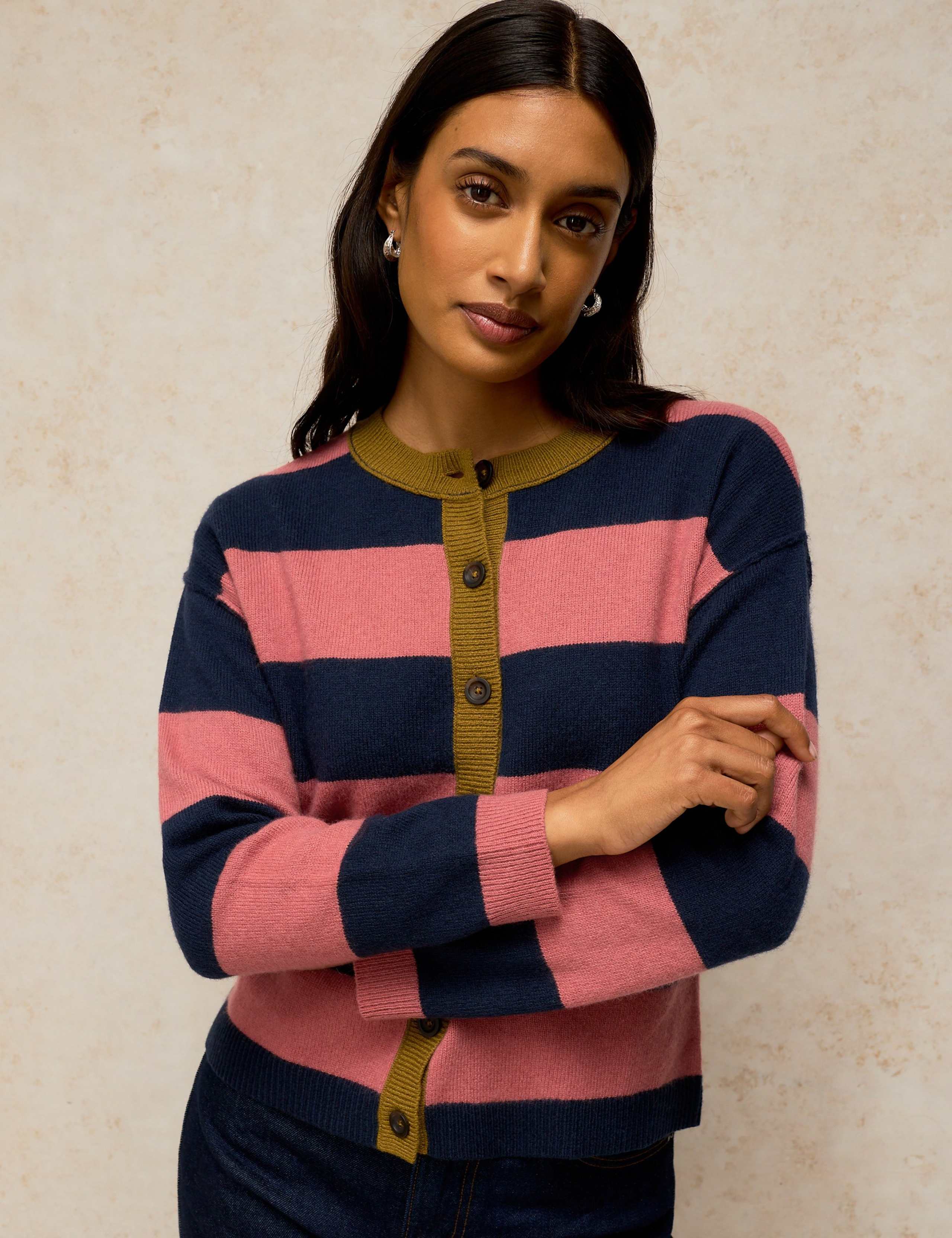 Wool Blend Striped Crew Neck Cardigan