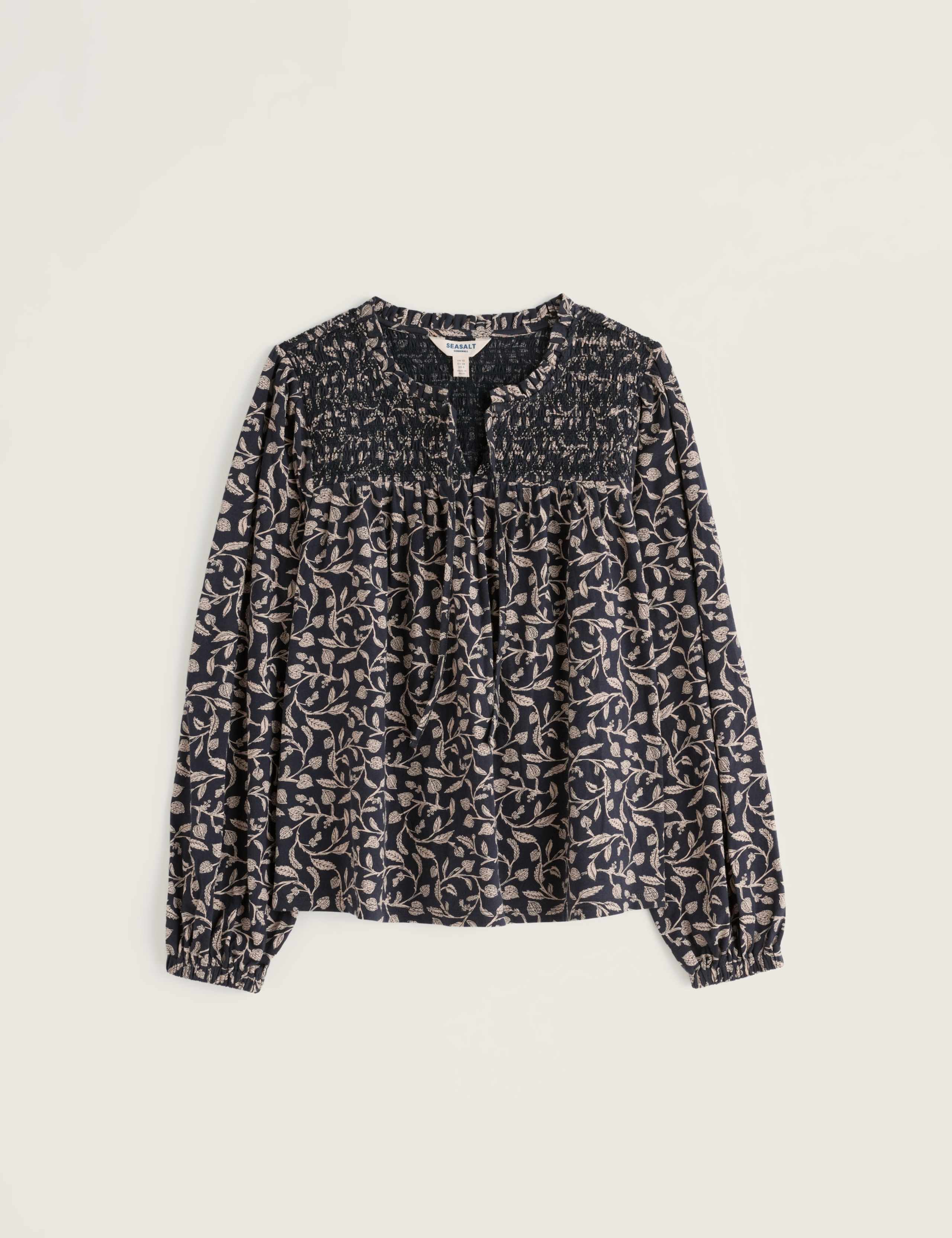 Pure Cotton Printed Notch Neck Long Sleeve Relaxed Fit Blouse