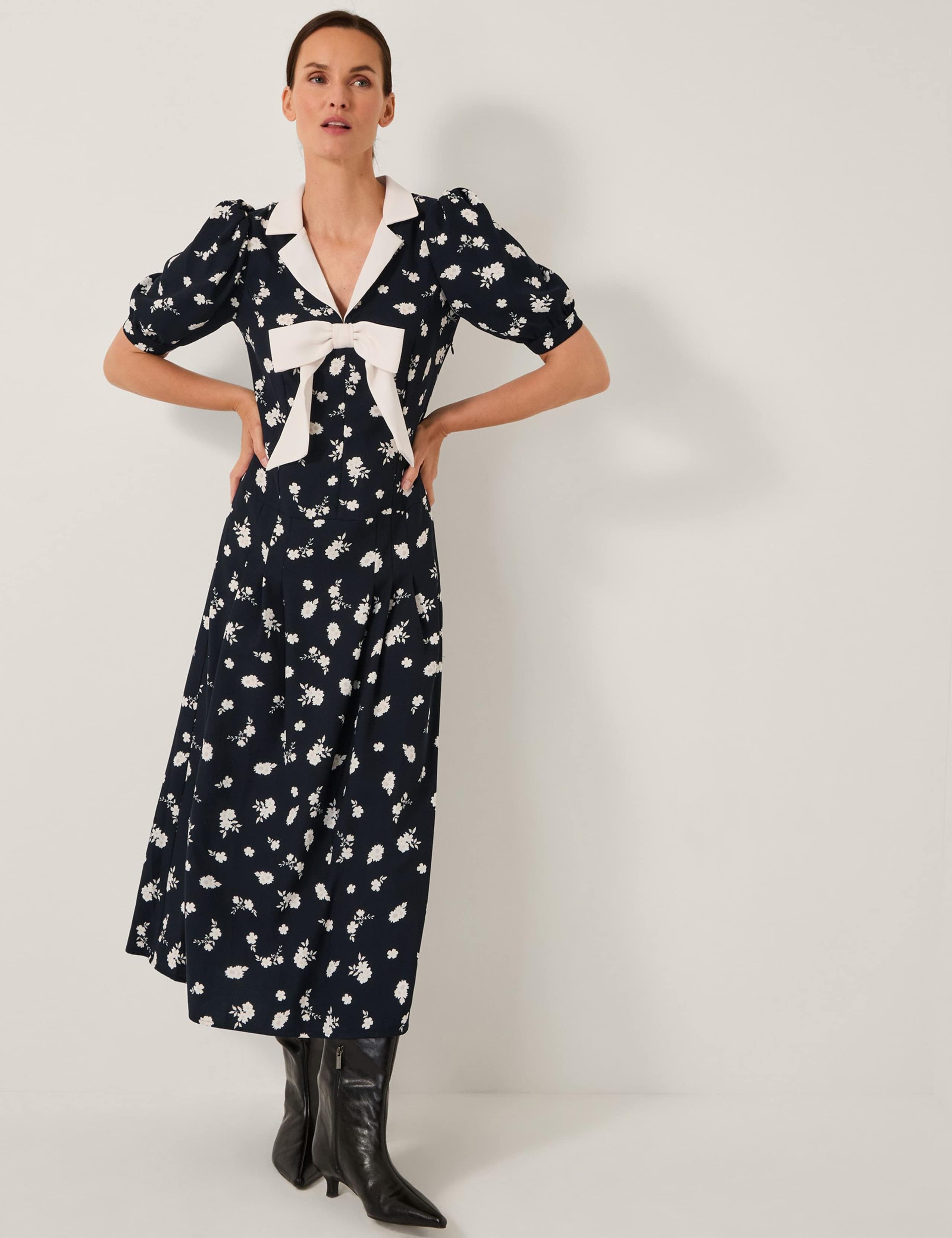 Floral Collared Bow Midi Tea Dress