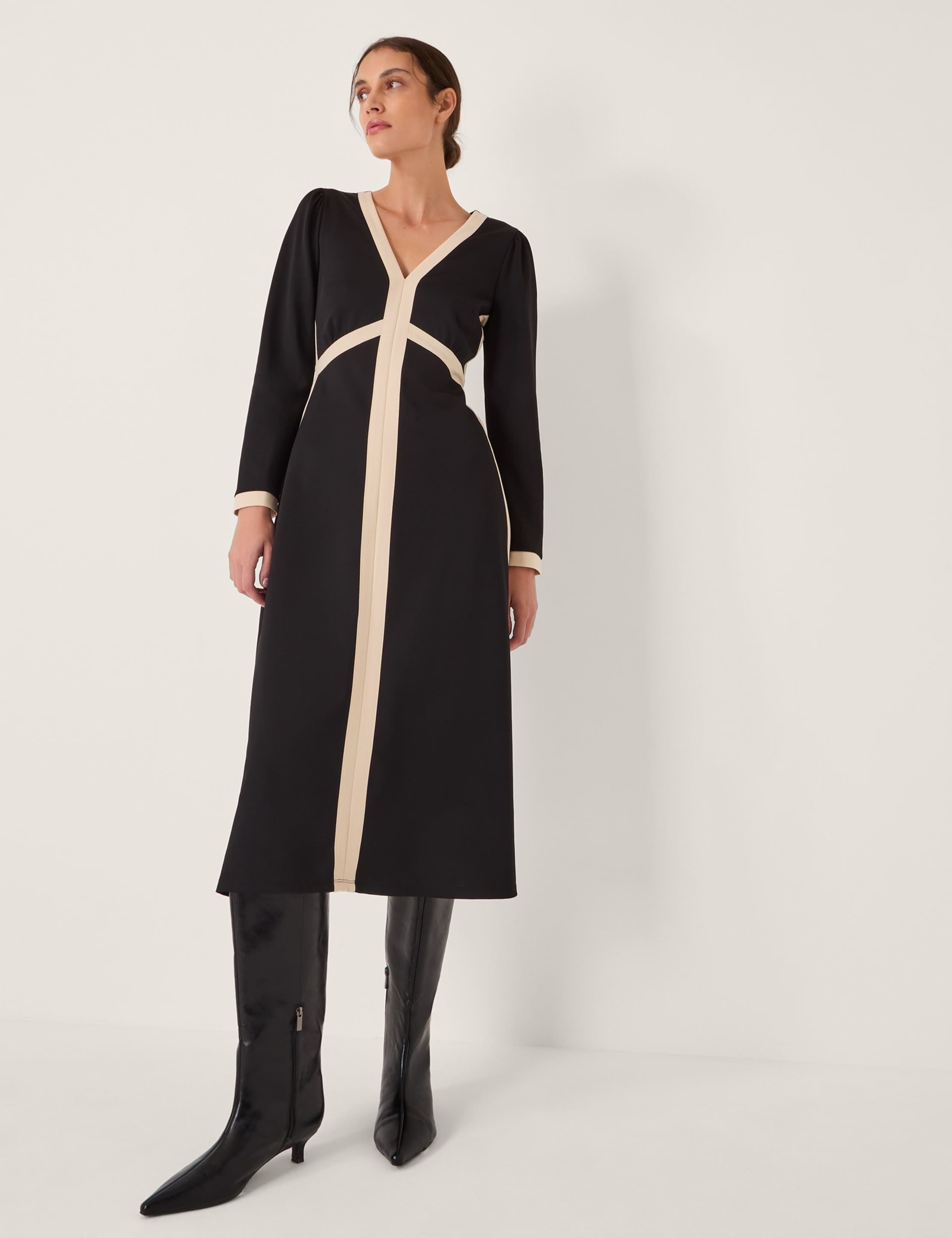 V-Neck Contrast Panel Midi Dress